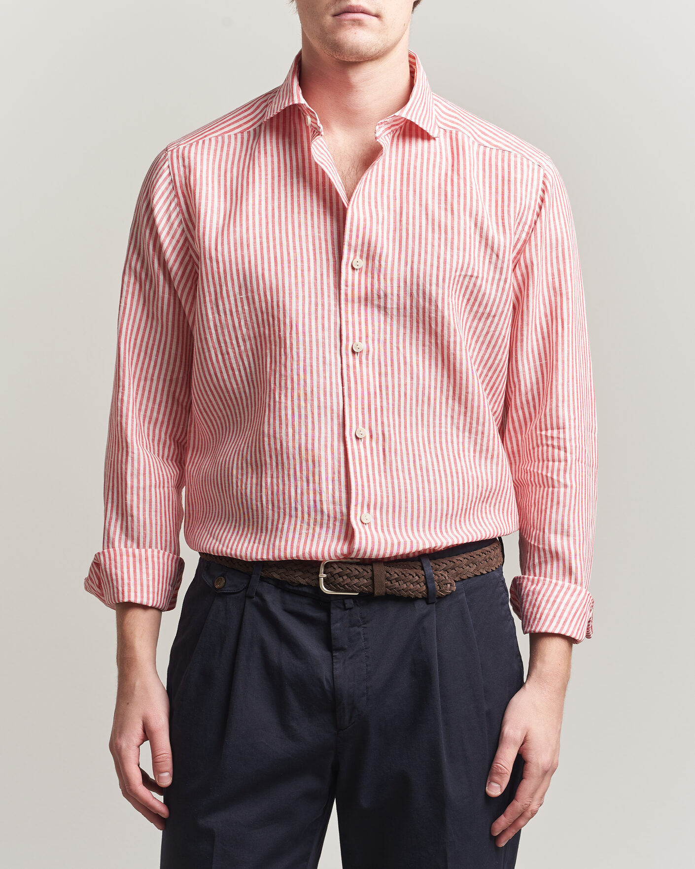 Men | Shirts | Eton | Casual Fit Striped Linen Shirt Red