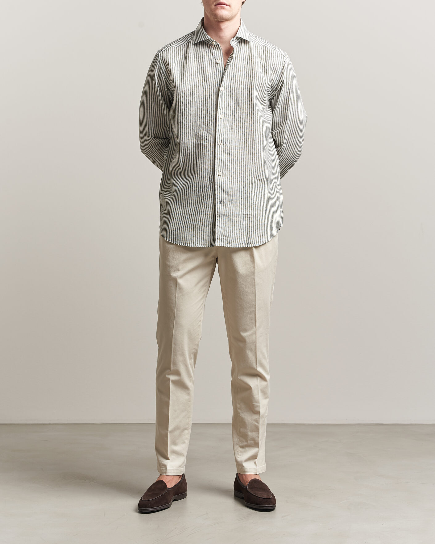 Men | Shirts | Eton | Casual Fit Striped Linen Shirt Dark Green