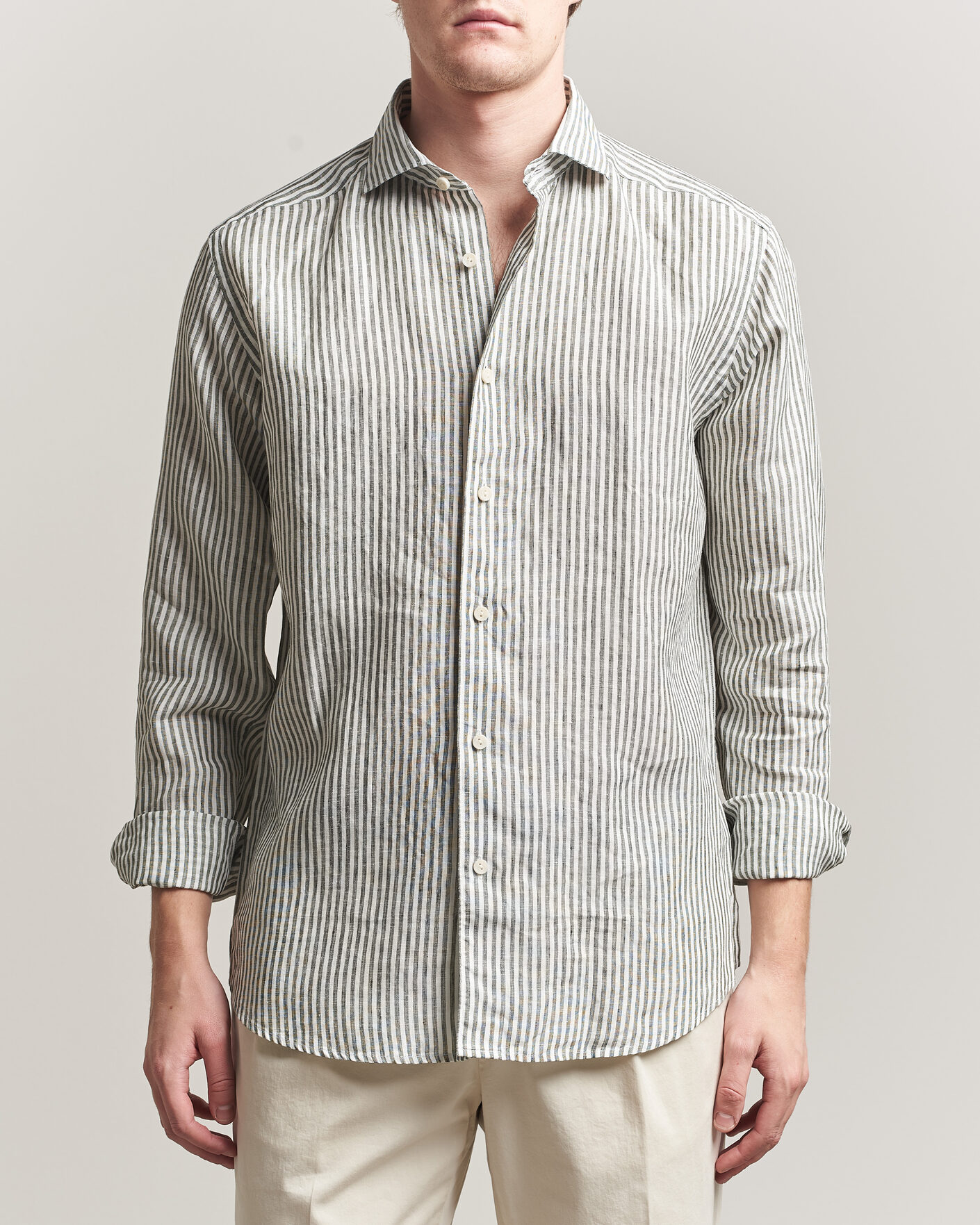 Men | Shirts | Eton | Casual Fit Striped Linen Shirt Dark Green
