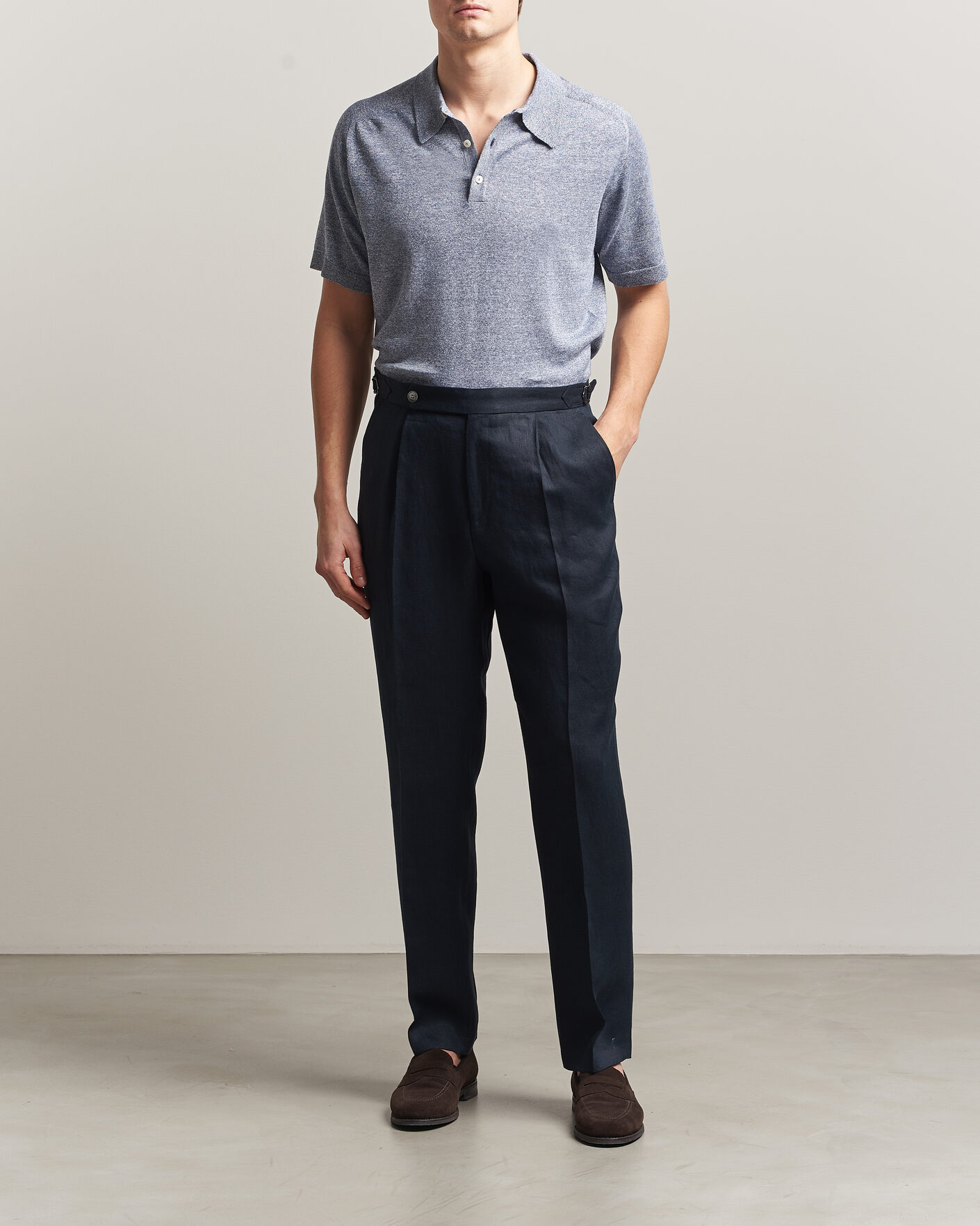 Men | Polo Shirts | Eton | Cotton Linen Fine Knit Polo Blue
