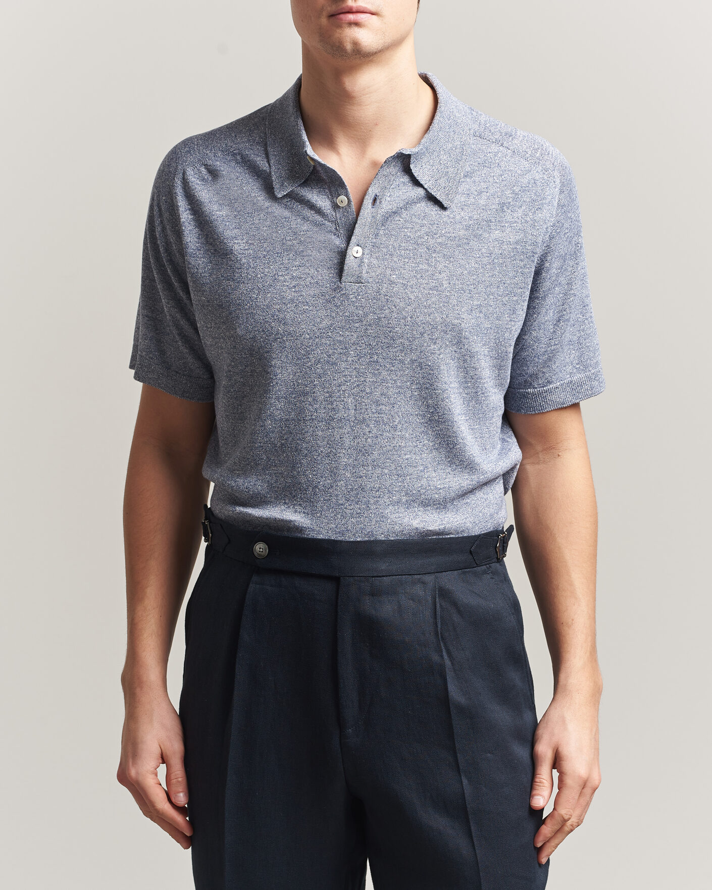Men | Polo Shirts | Eton | Cotton Linen Fine Knit Polo Blue