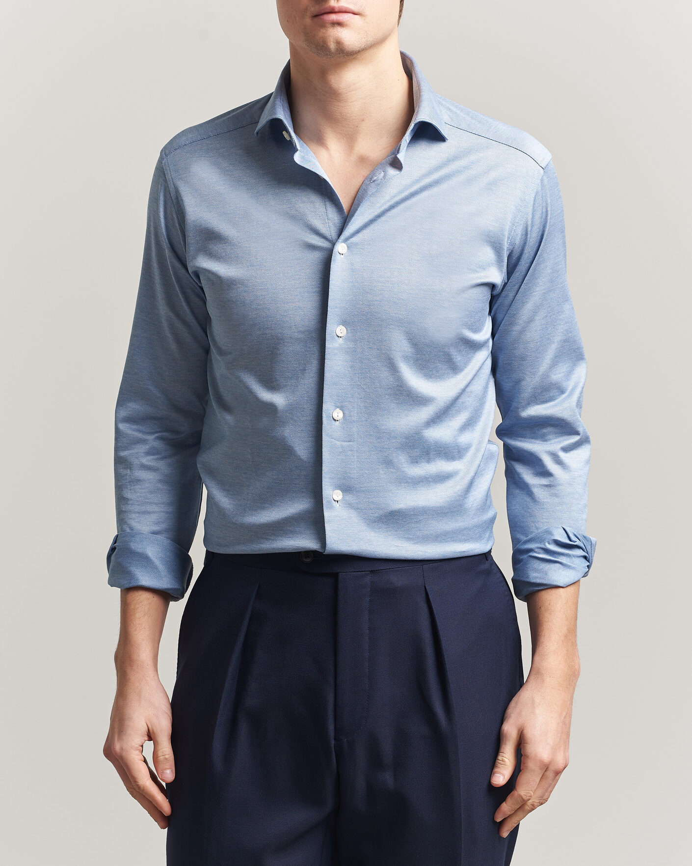 Men | Shirts | Eton | Filo di Scozia Knitted Shirt Light Blue