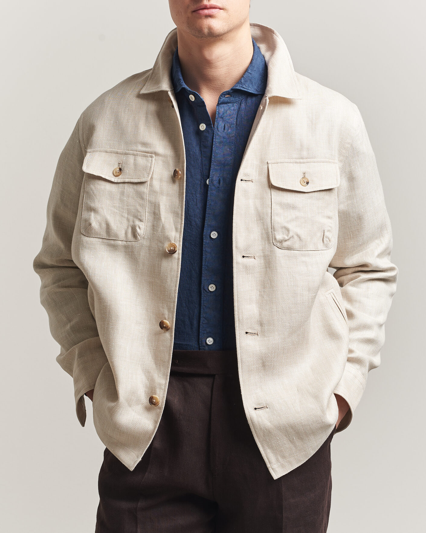 Men | Coats & Jackets | Eton | Four Pocket Linen Lyocell Shirt Jacket Off White