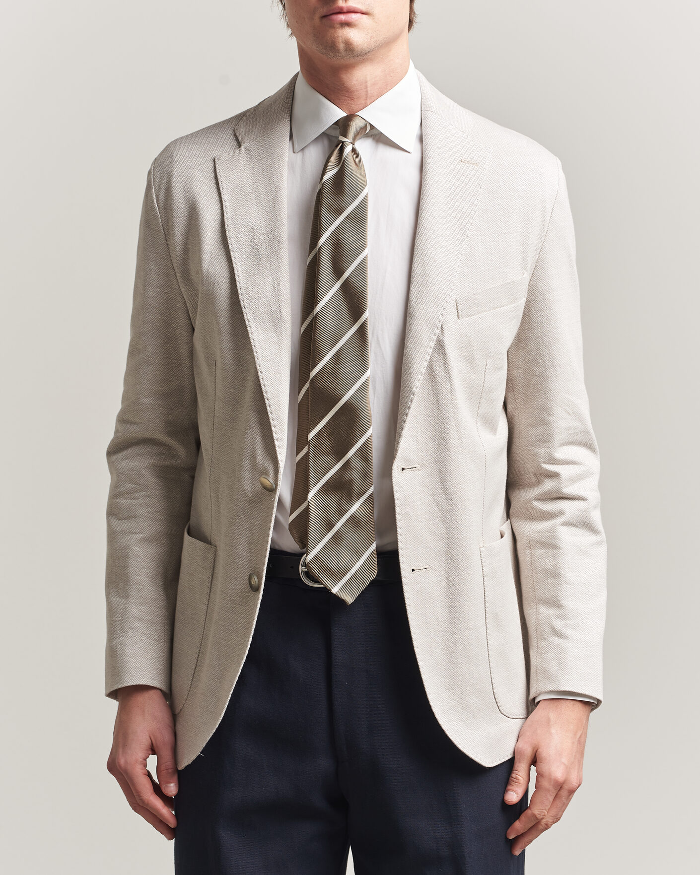 Men | Blazers | Eton | Linen Jersey Herringbone Blazer Beige