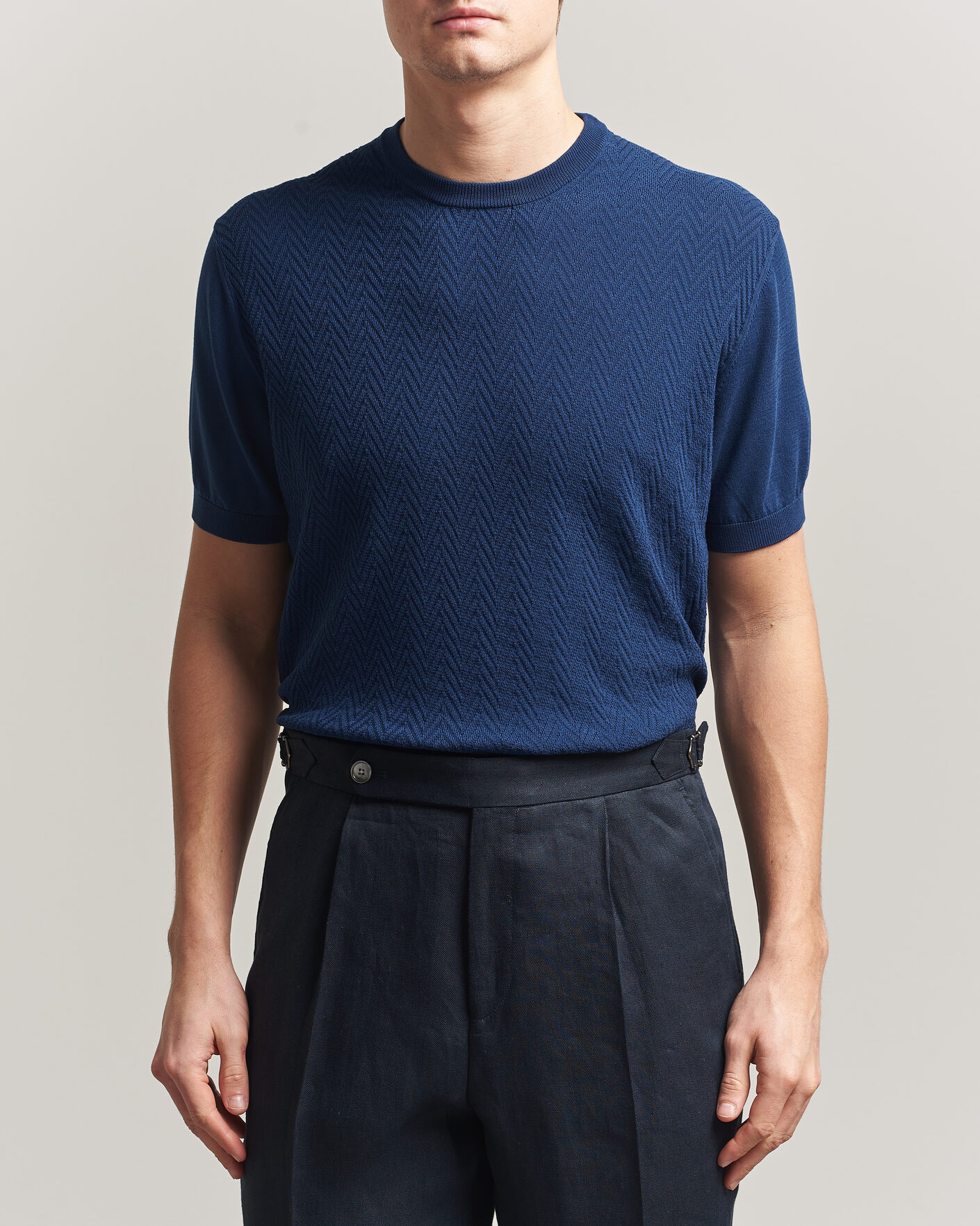 Men | T-Shirts | Eton | Cotton Knitted Crew Neck T-Shirt Navy Blue