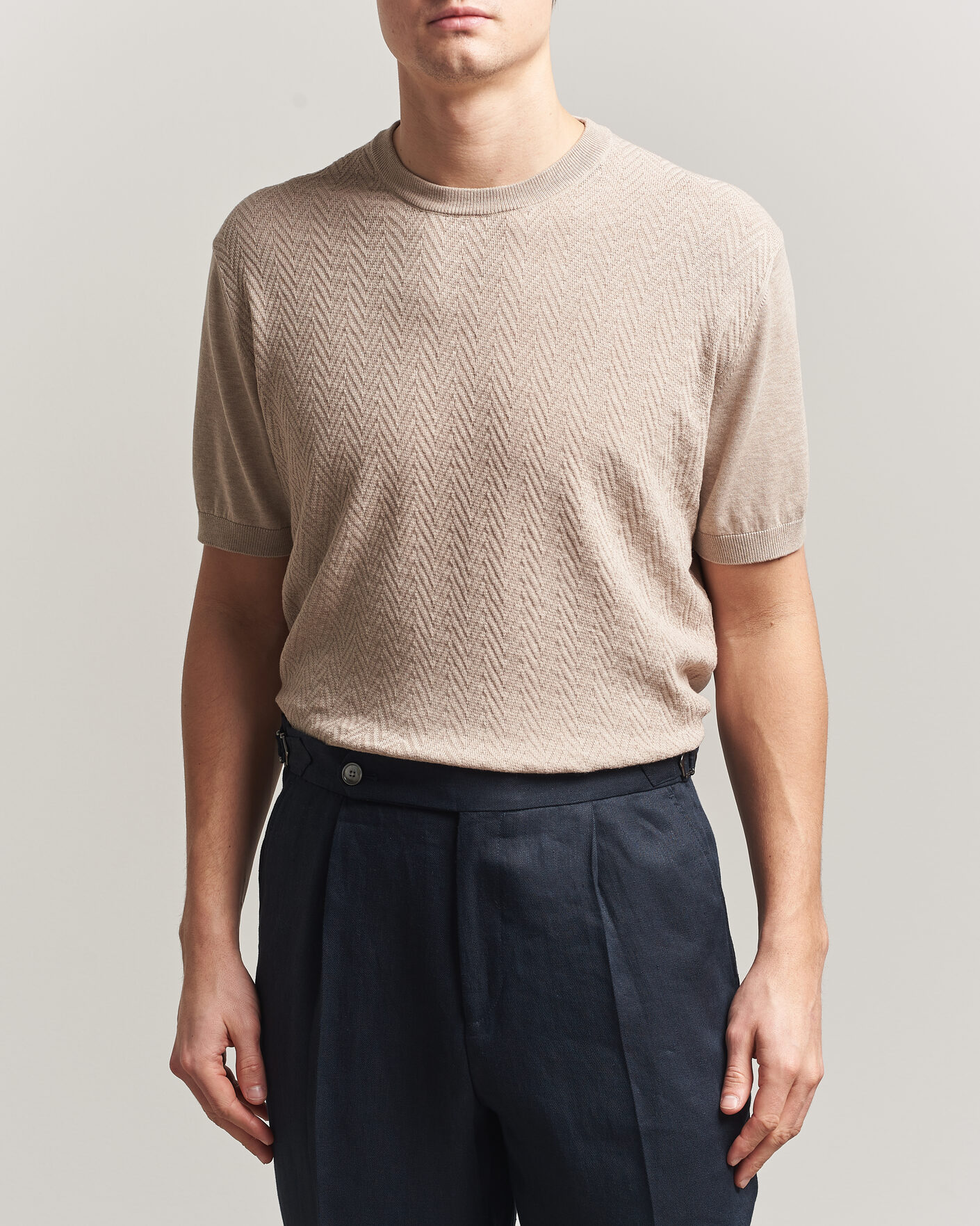 Men | T-Shirts | Eton | Cotton Knitted Crew Neck T-Shirt Beige