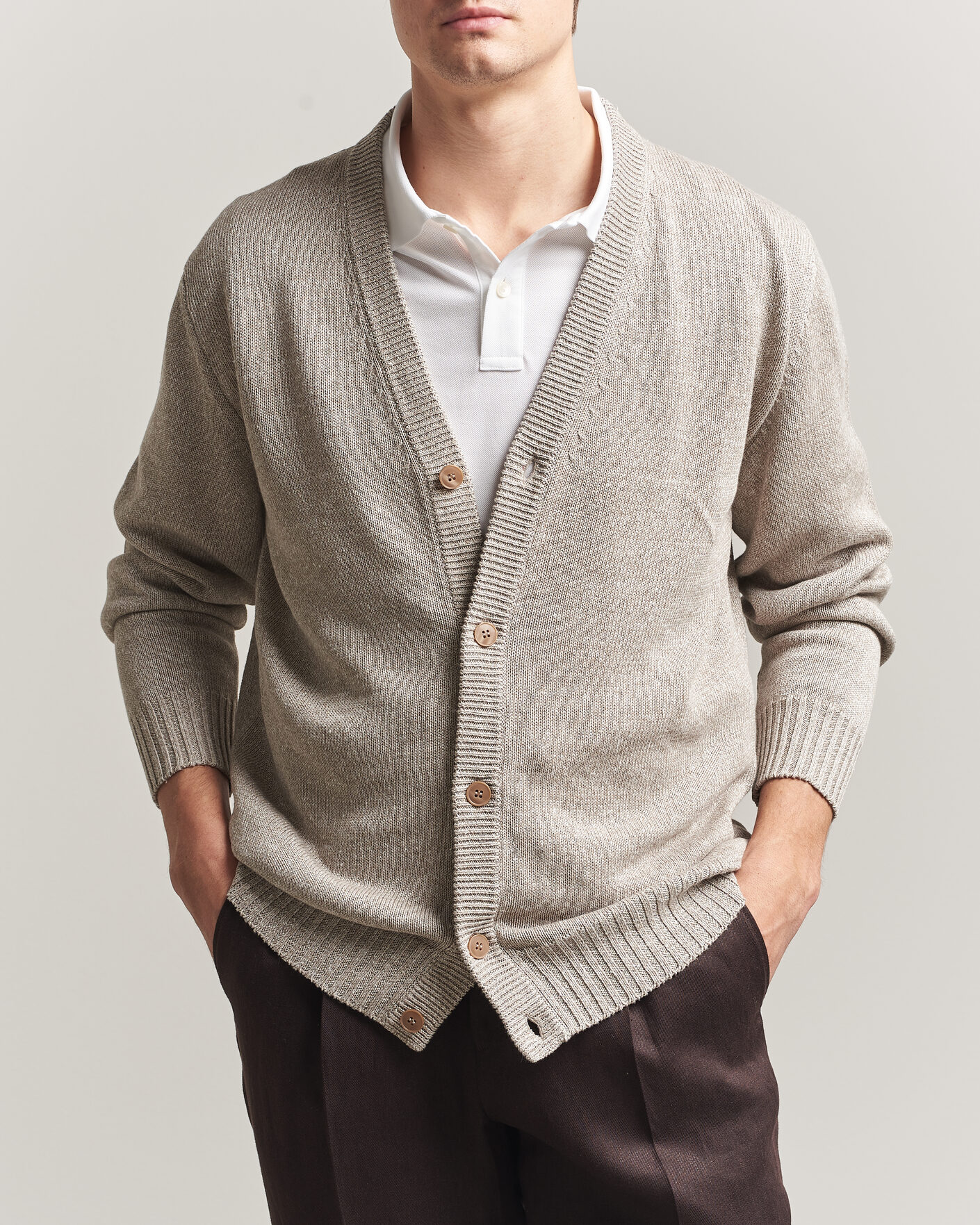 Men | Sweaters & Knitwear | Eton | Cotton Linen Knitted Cardigan Beige
