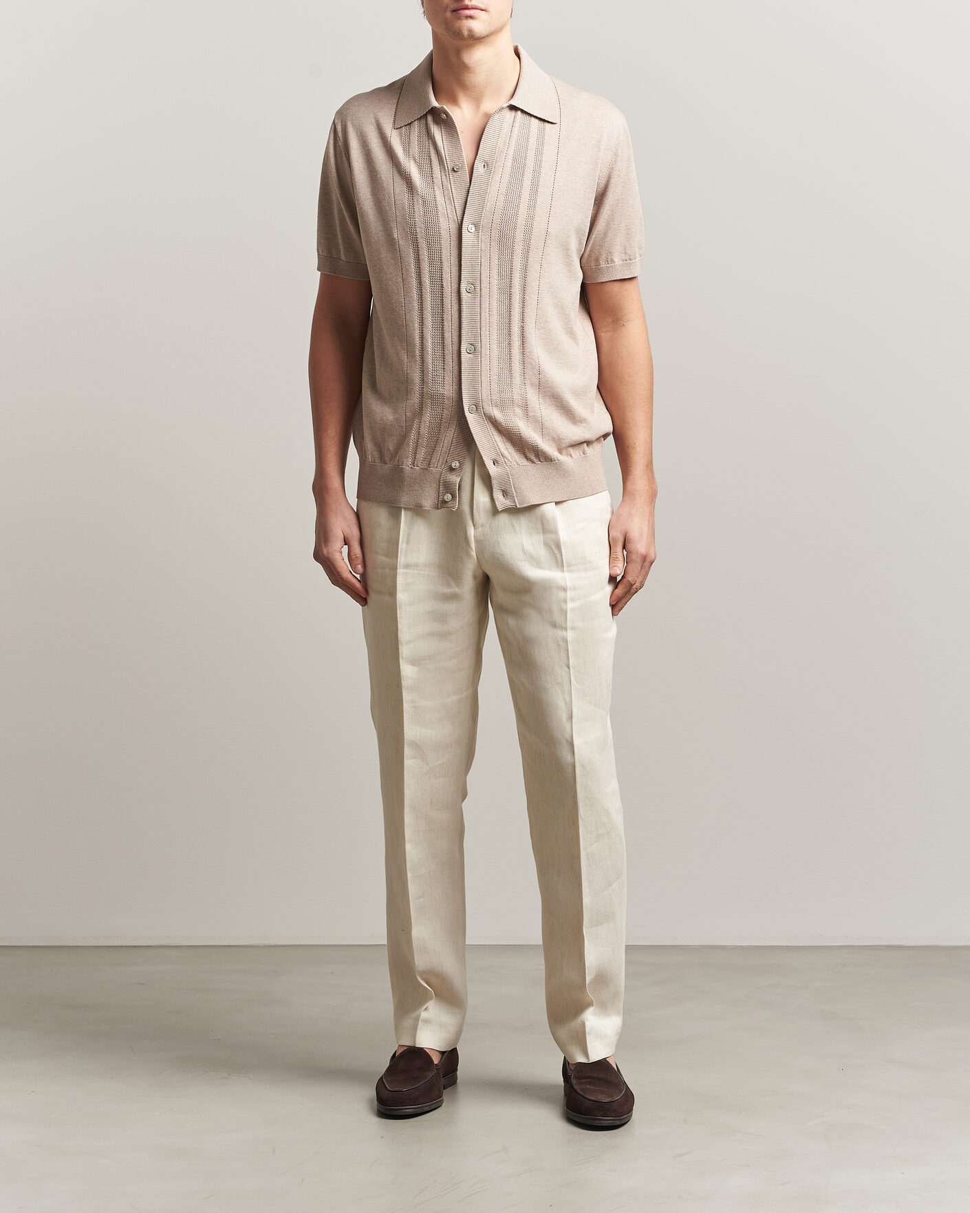 Men | Shirts | Eton | Cotton Structured Knitted Short Sleeve Shirt Beige