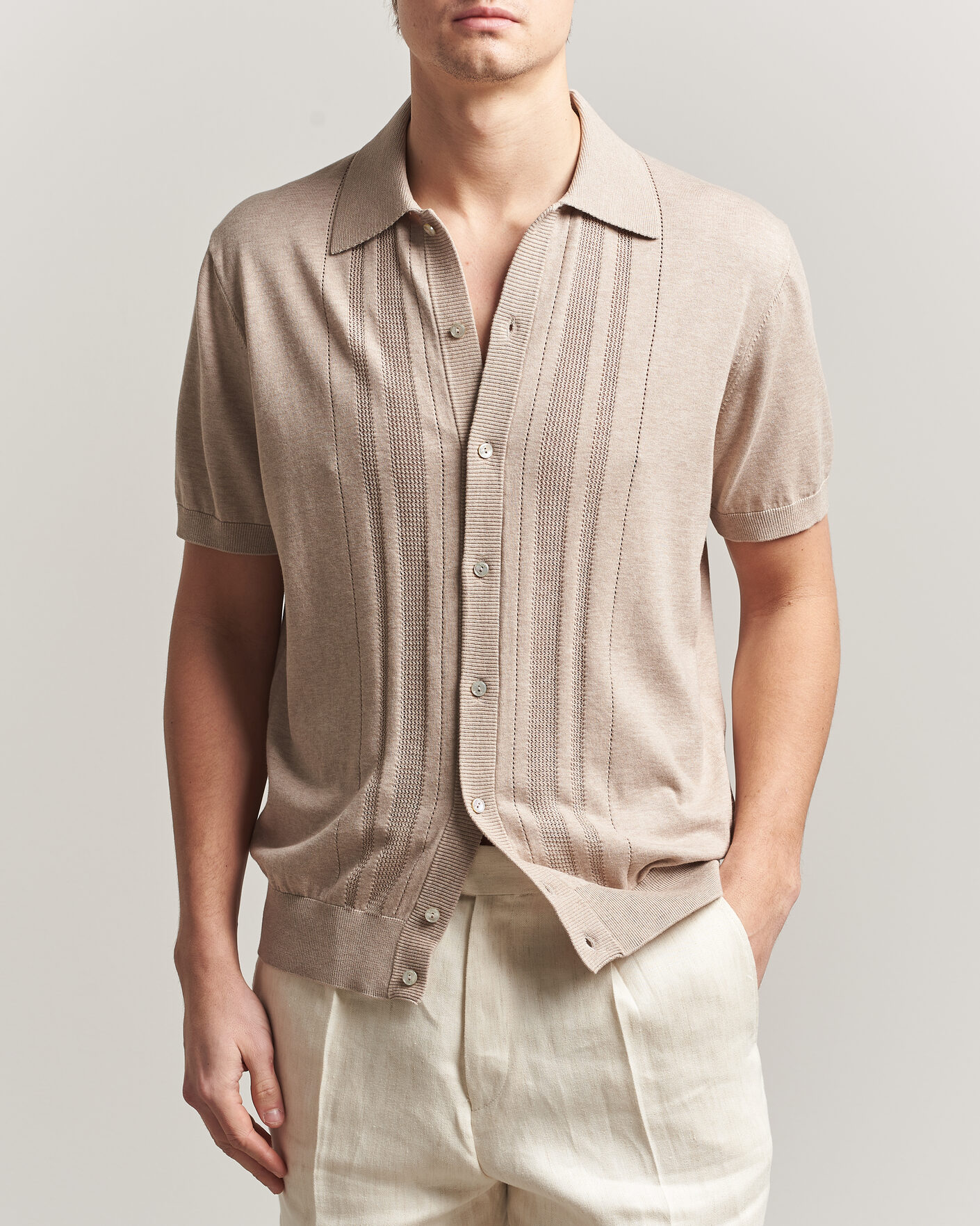 Men | Shirts | Eton | Cotton Structured Knitted Short Sleeve Shirt Beige