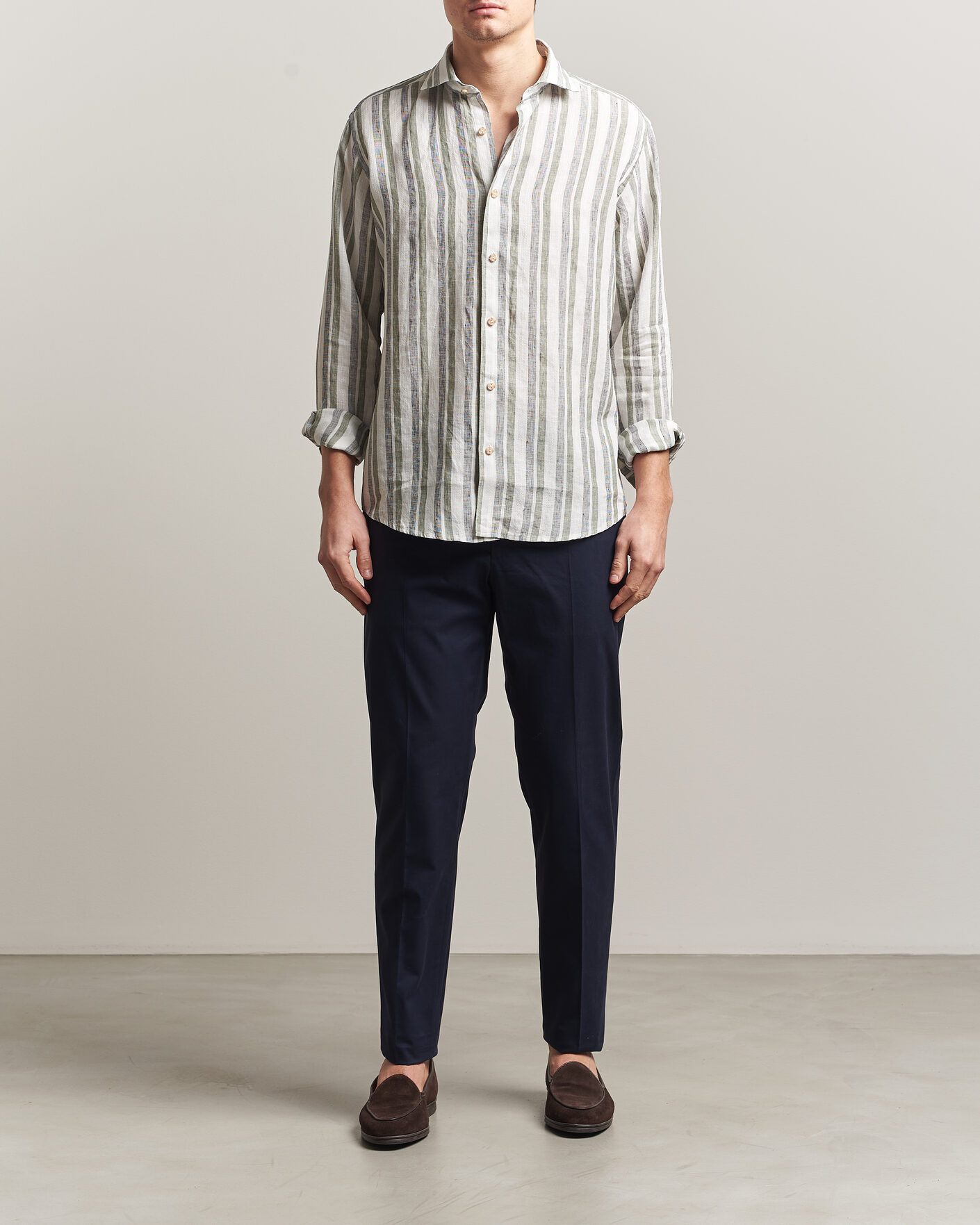 Men | Shirts | Eton | Casual Fit Striped Linen Shirt Dark Green