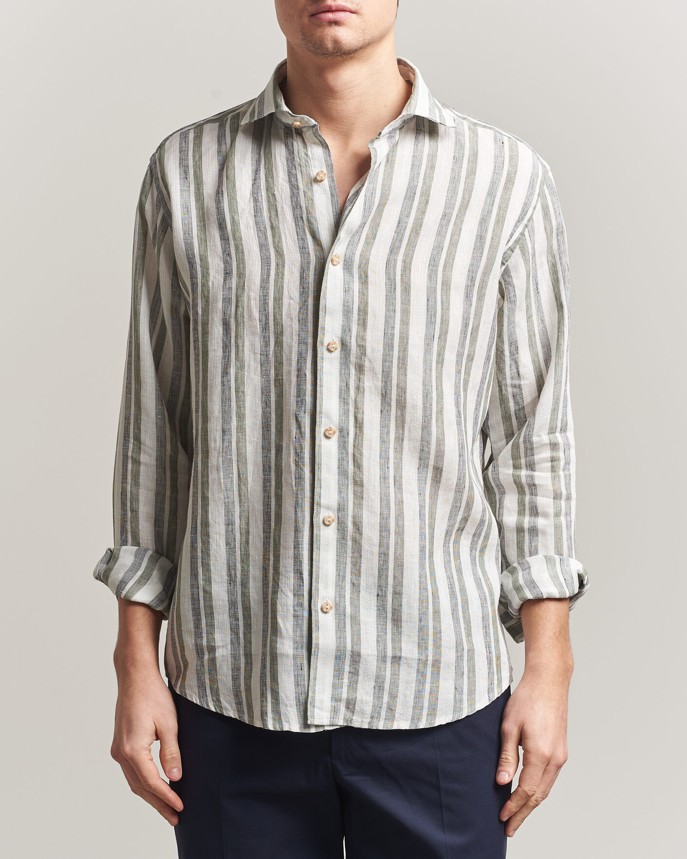 Men | Shirts | Eton | Casual Fit Striped Linen Shirt Dark Green