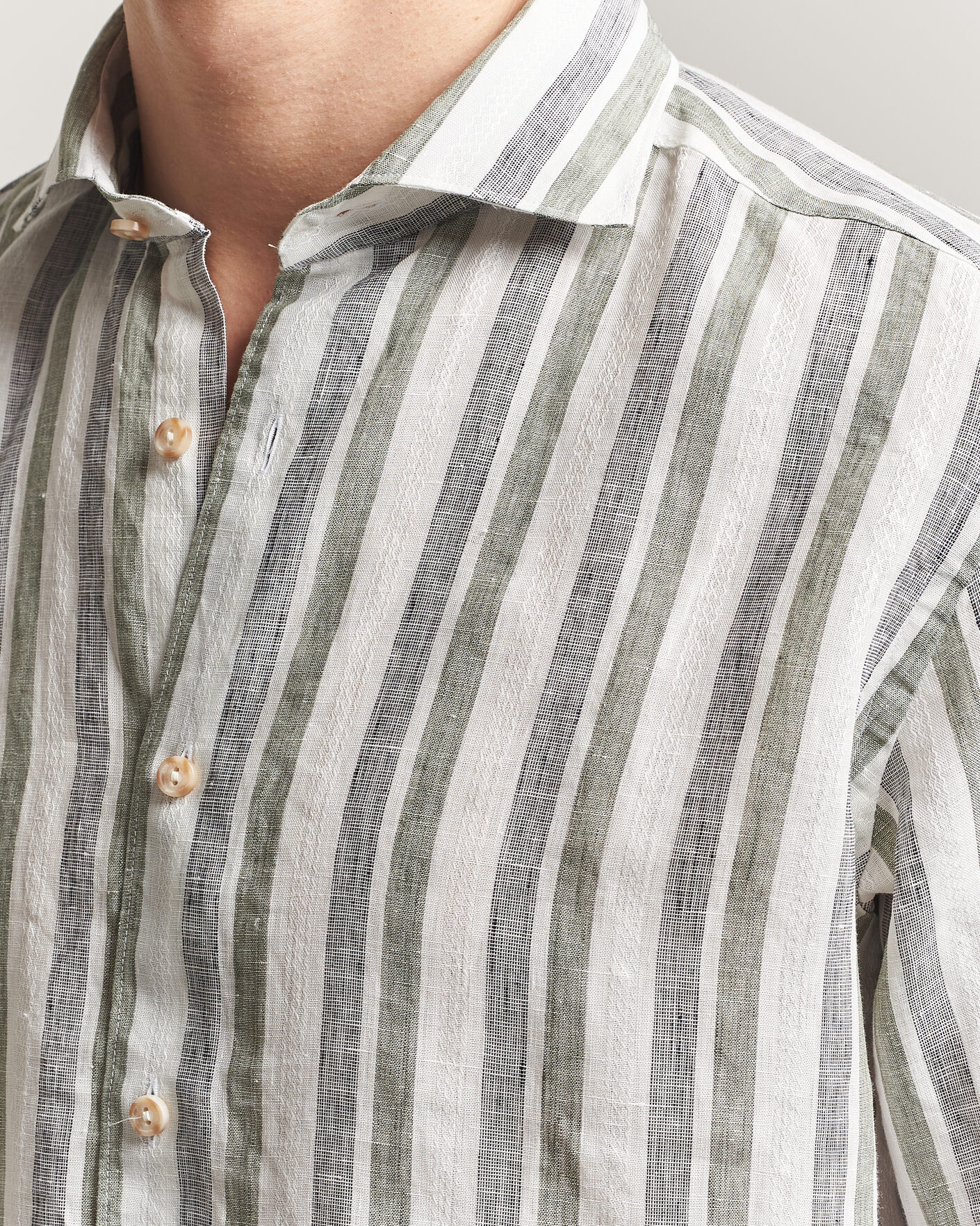 Men | Shirts | Eton | Casual Fit Striped Linen Shirt Dark Green