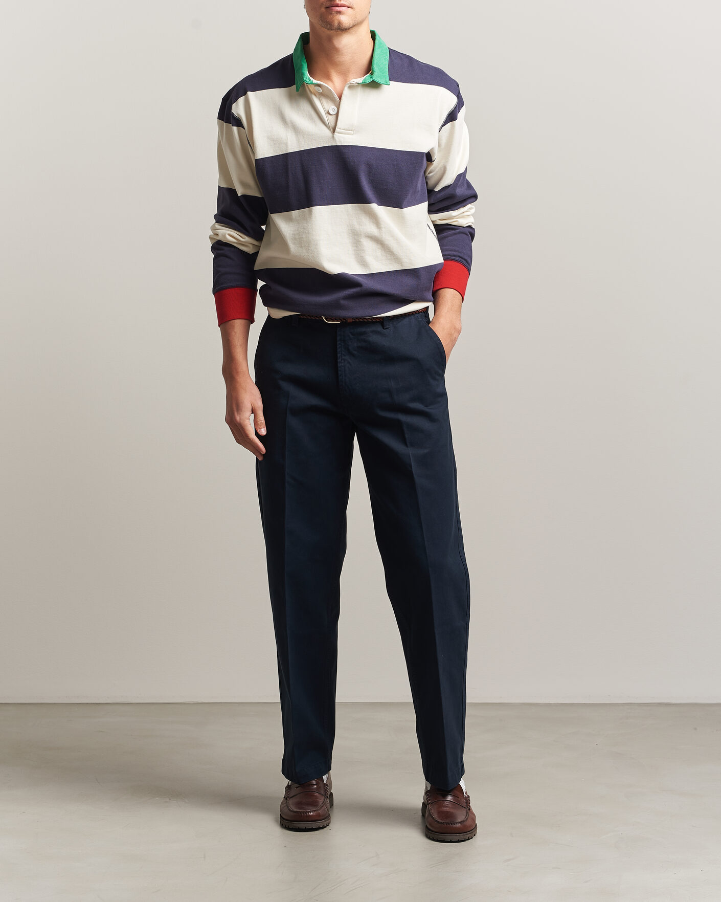Men | Trousers | Drake's | Peached Flat Front Cotton Chino Navy
