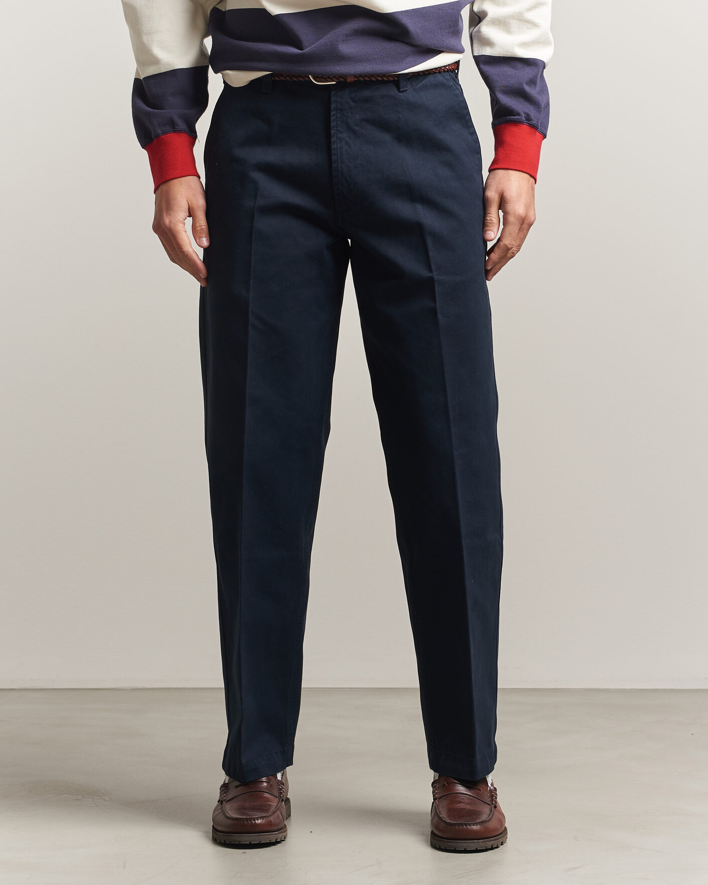 Men | Trousers | Drake's | Peached Flat Front Cotton Chino Navy