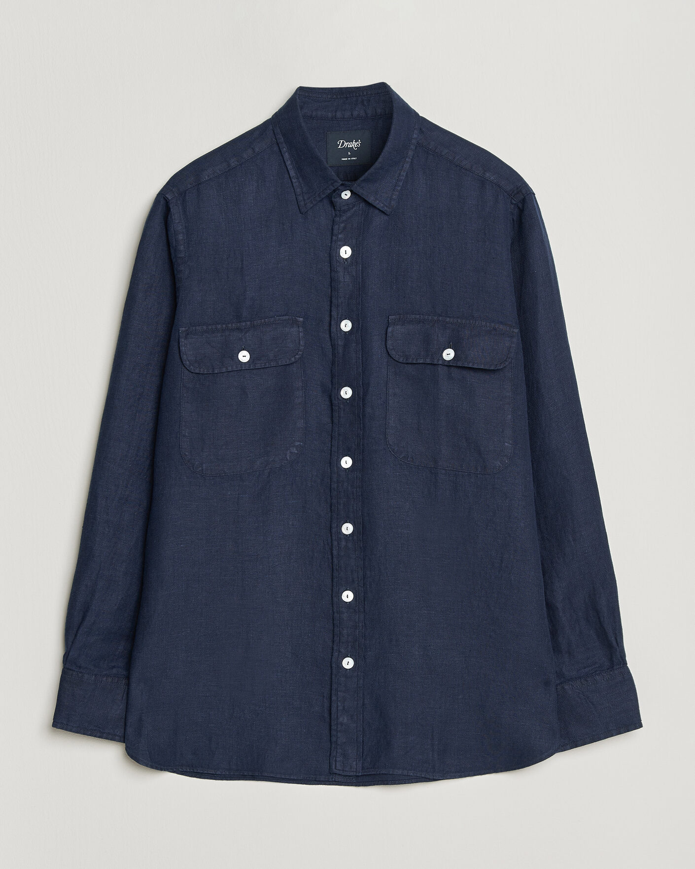 Men | Shirts | Drake's | Linen Twill Deep Pocket Work Shirt Navy