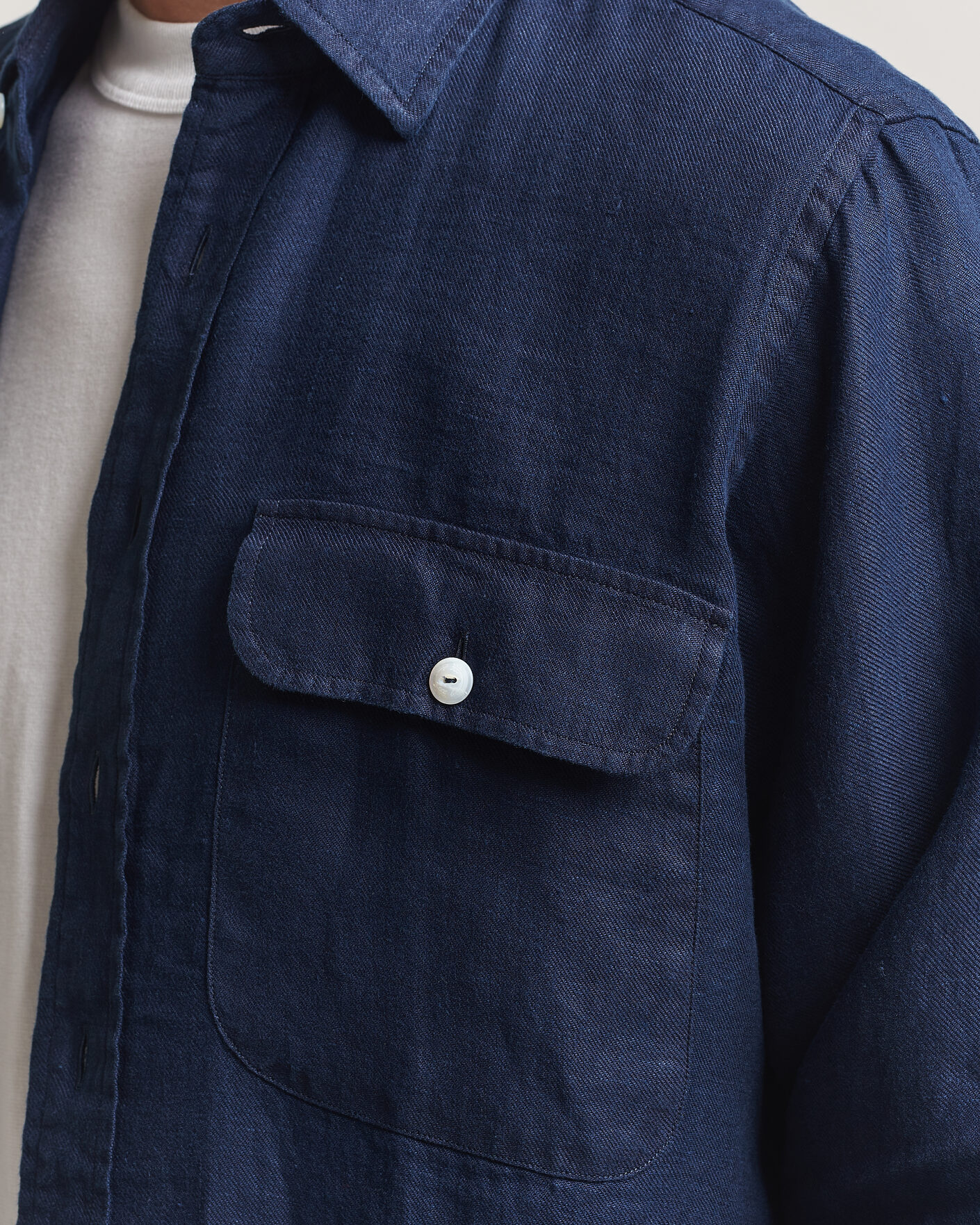 Men | Shirts | Drake's | Linen Twill Deep Pocket Work Shirt Navy