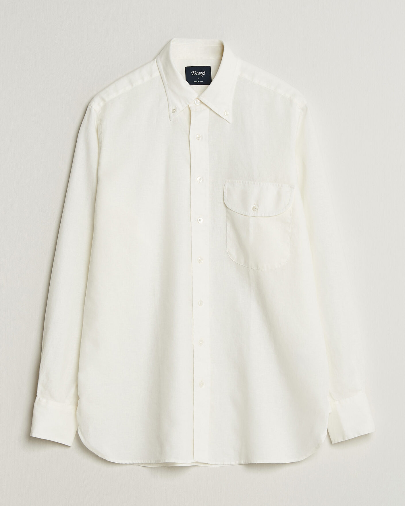 Men | Shirts | Drake's | Linen Button Down Curved Pocket Shirt White