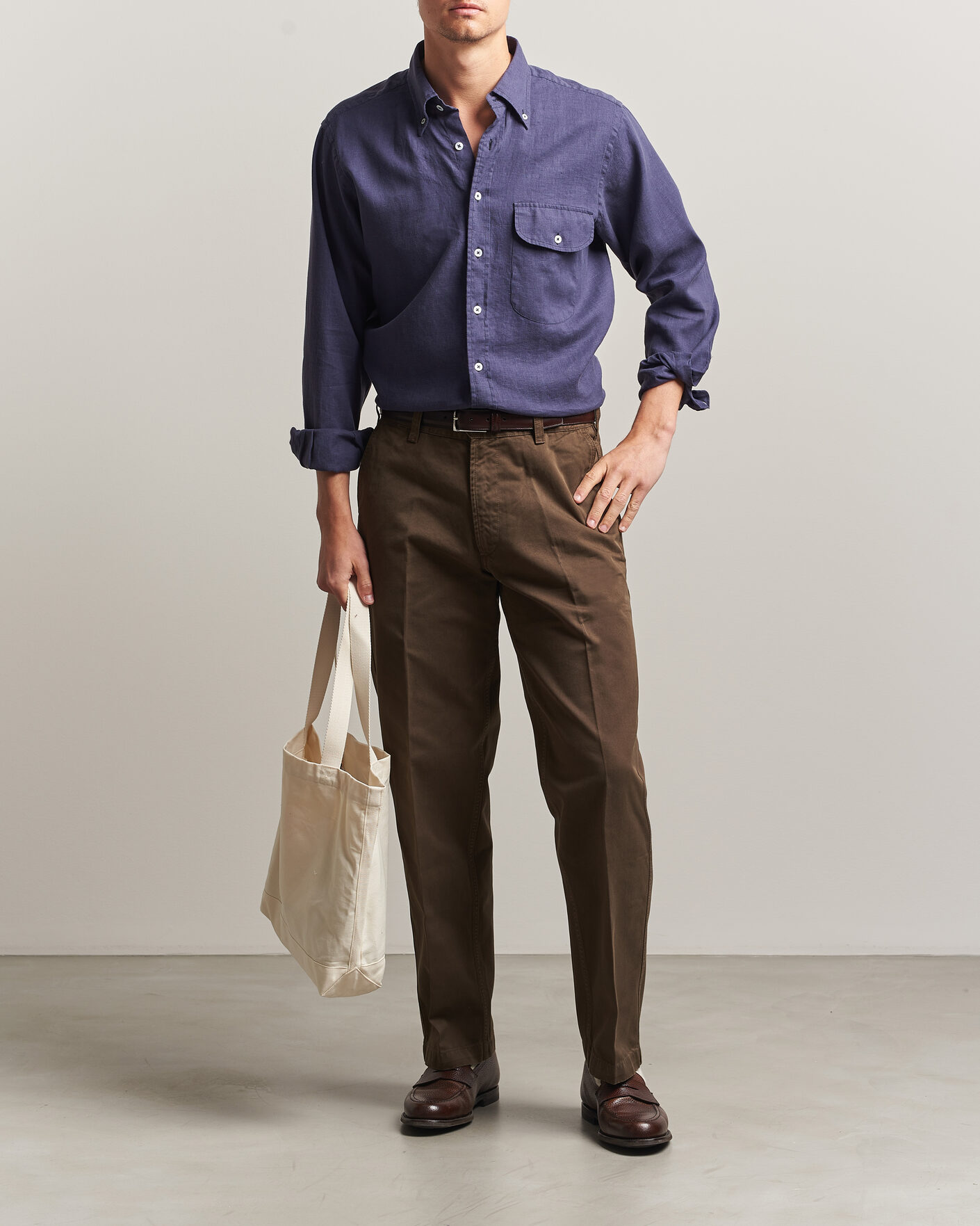 Men | Shirts | Drake's | Linen Button Down Curved Pocket Shirt Navy