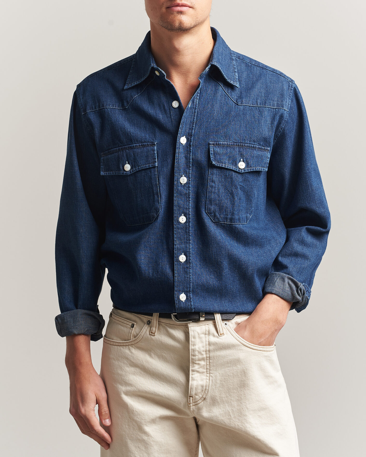 Men | Shirts | Drake's | Light Denim Western Shirt Stone Wash