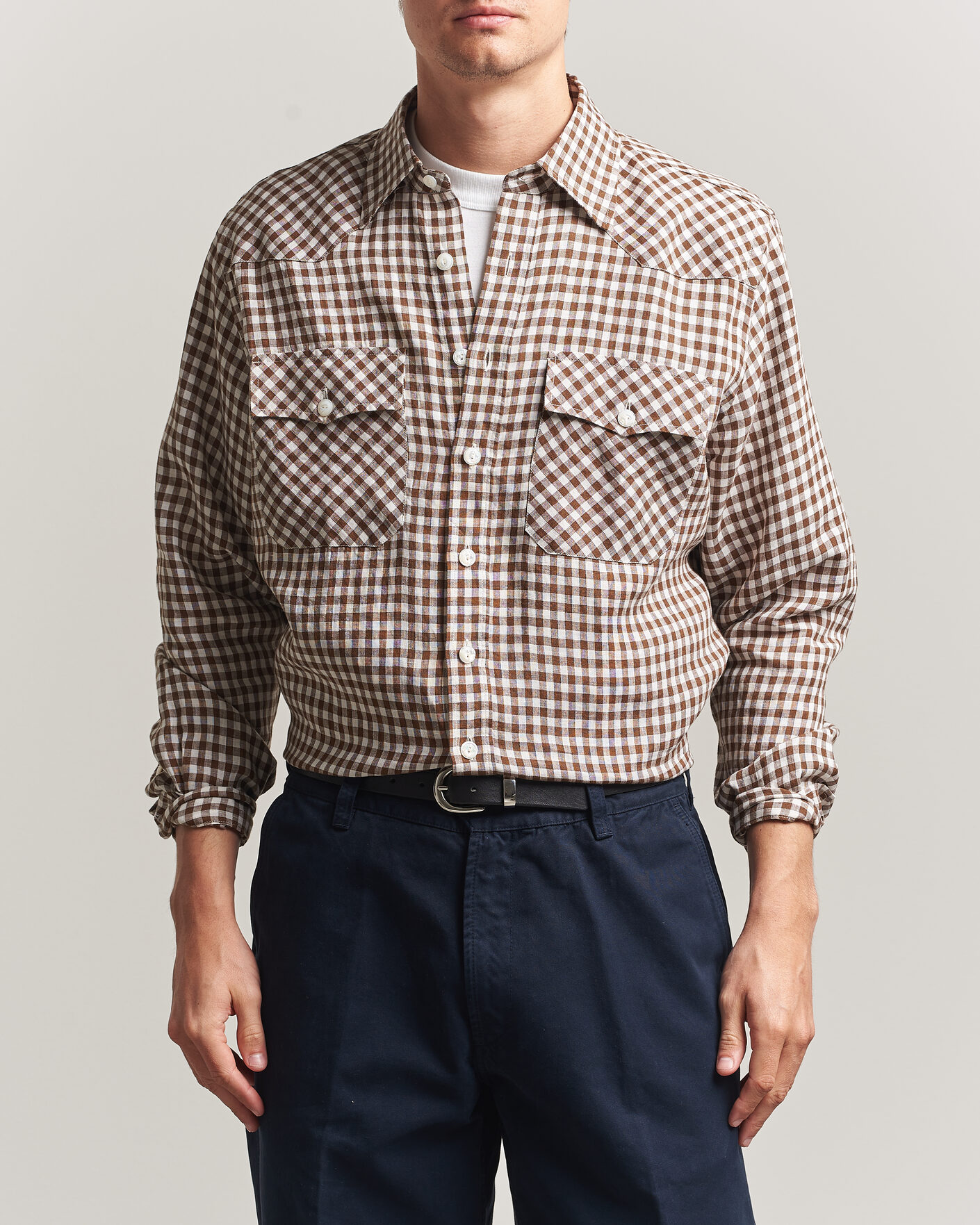 Men | Shirts | Drake's | Linen Gingham Western Shirt Brown/White