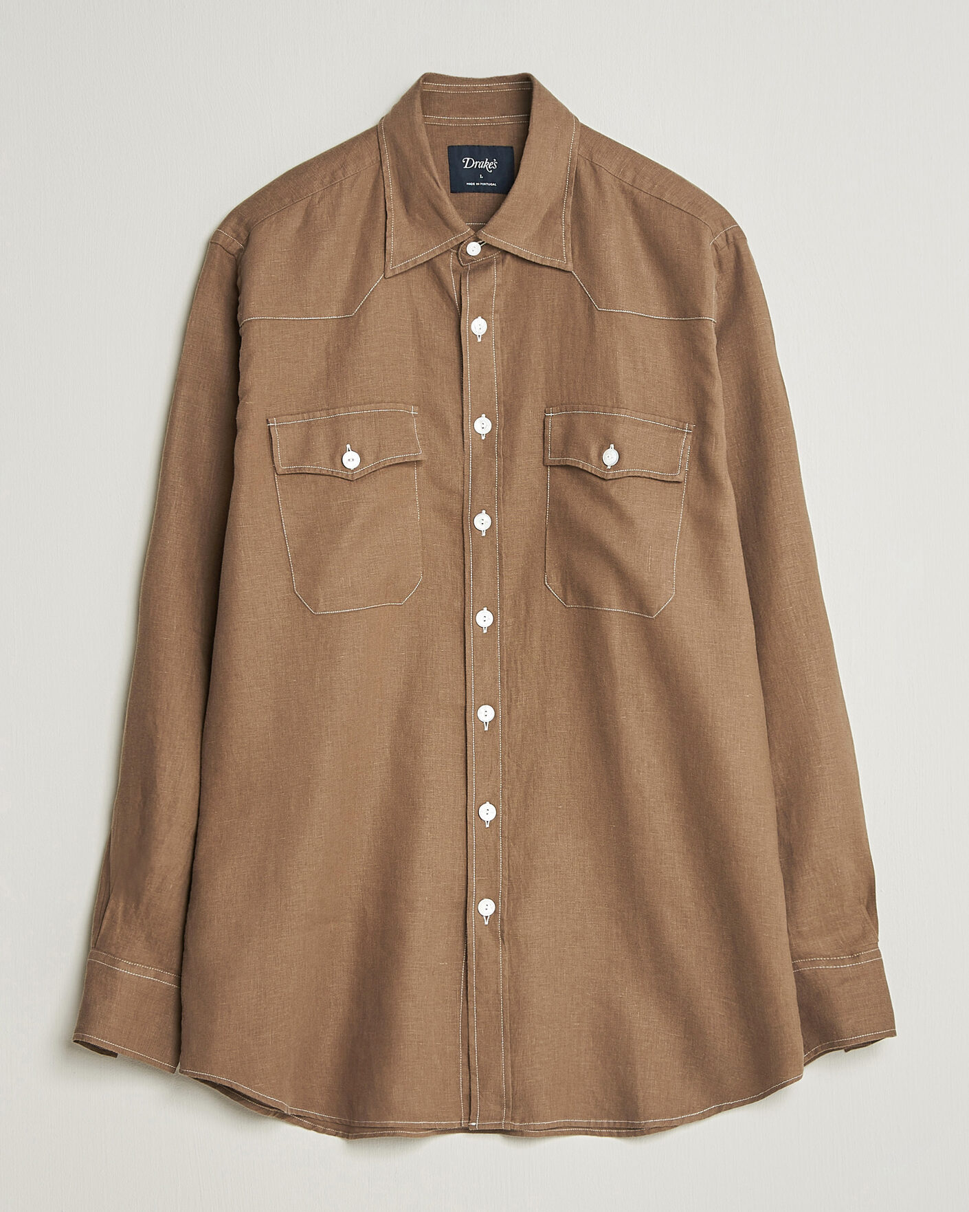 Men | Shirts | Drake's | Solid Linen Western Shirt Brown