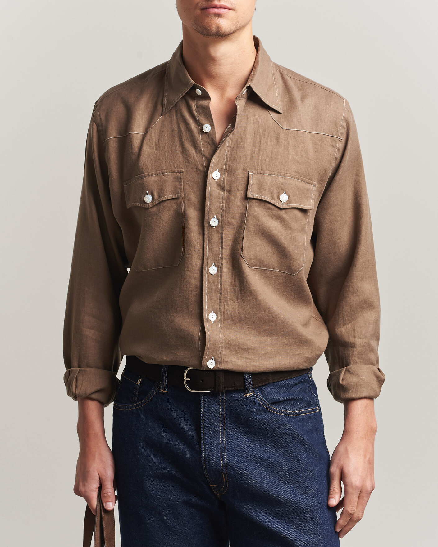 Men | Shirts | Drake's | Solid Linen Western Shirt Brown
