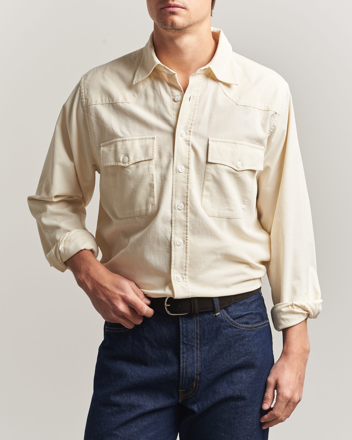 Men | Shirts | Drake's | Needlecord Western Shirt White