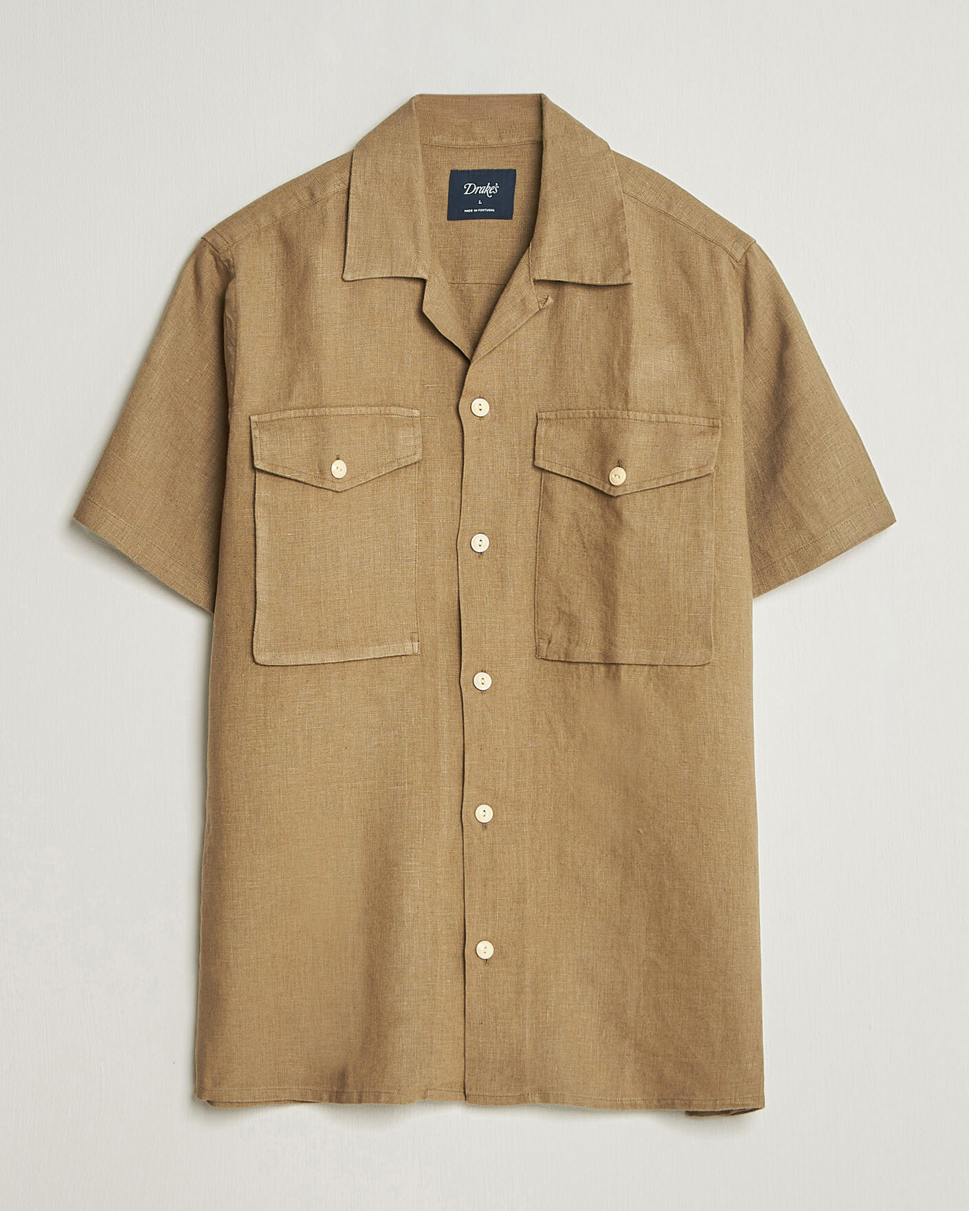 Men | Shirts | Drake's | Military Short Sleeve Camp Collar Shirt Khaki