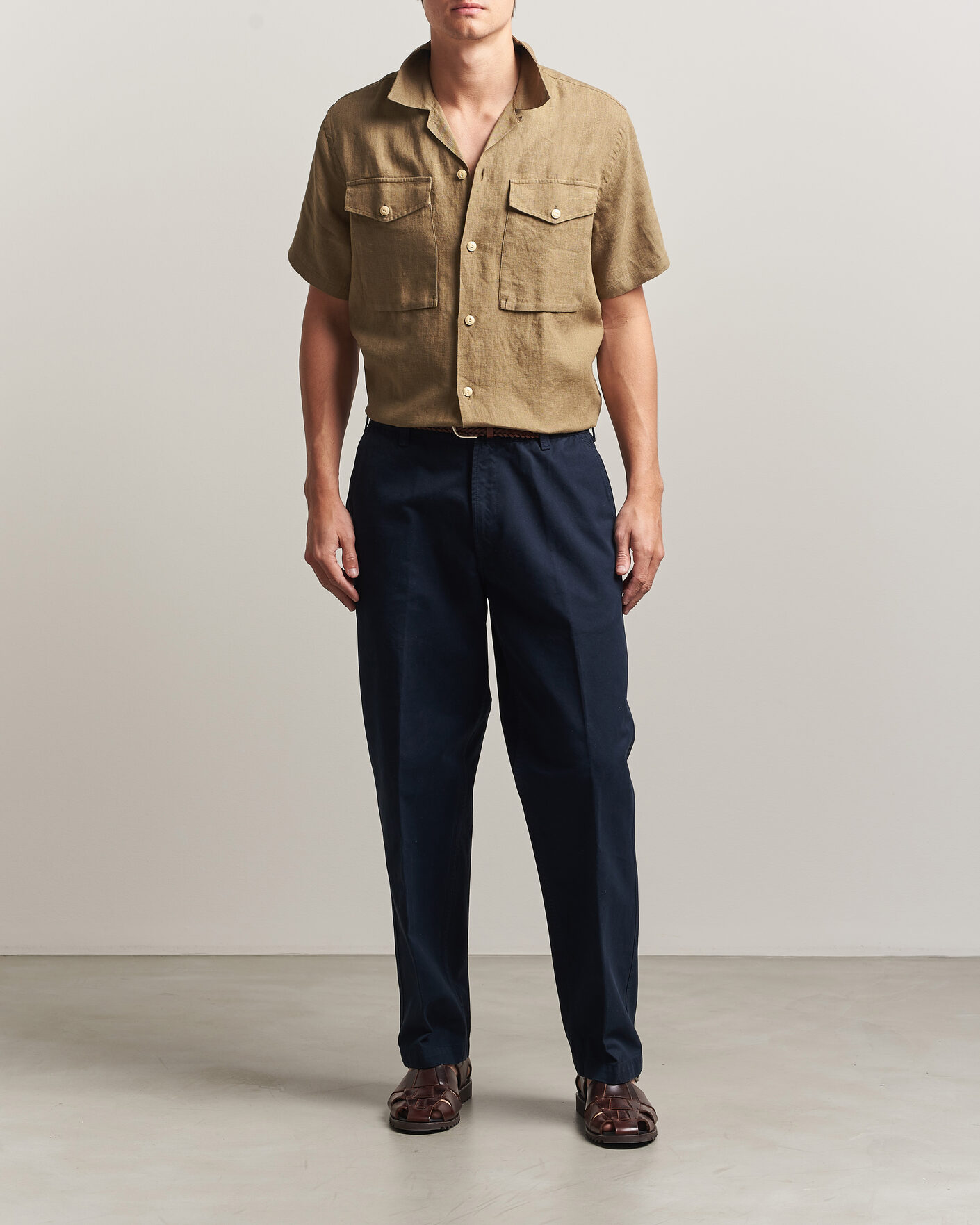 Men | Shirts | Drake's | Military Short Sleeve Camp Collar Shirt Khaki