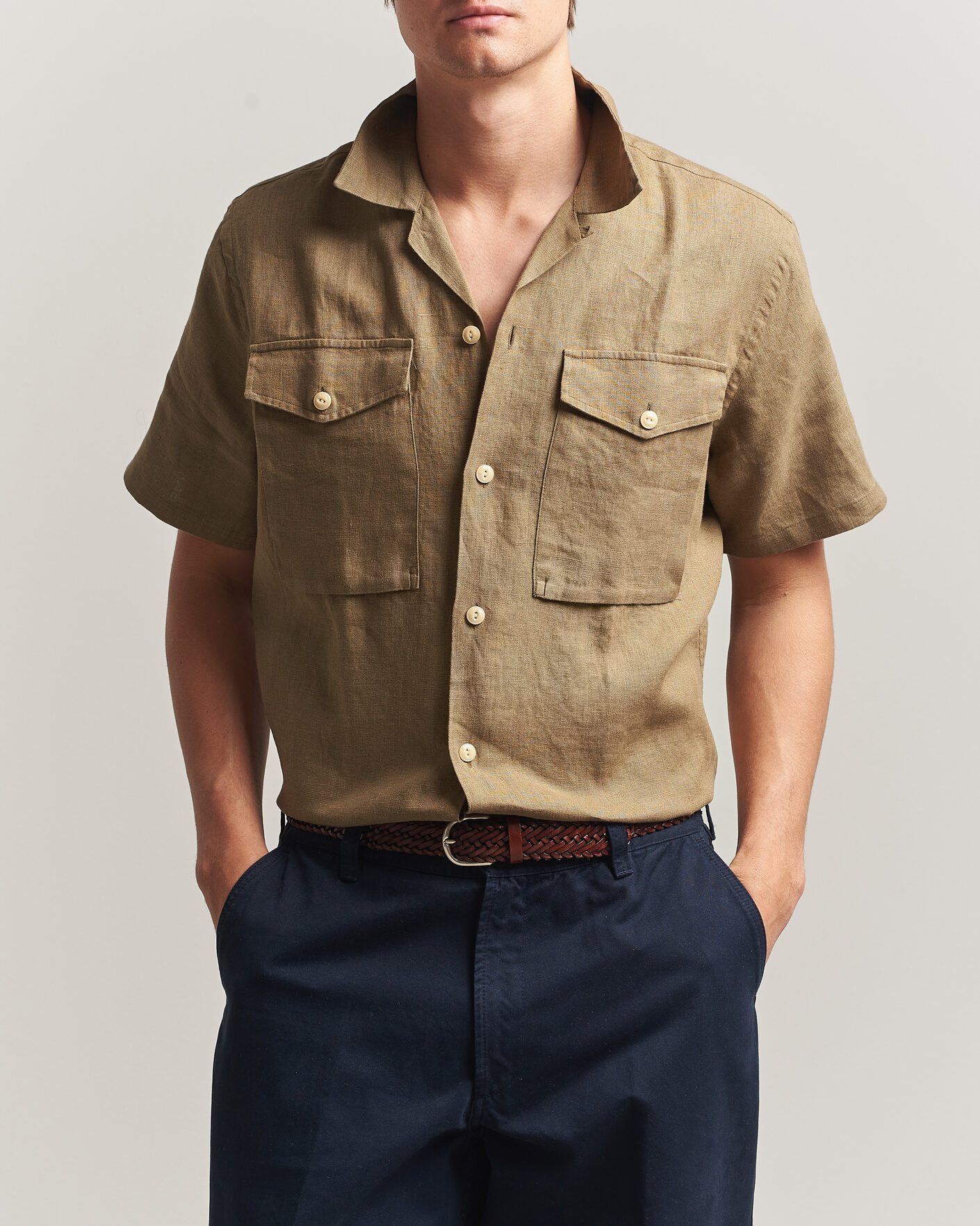Men | Shirts | Drake's | Military Short Sleeve Camp Collar Shirt Khaki