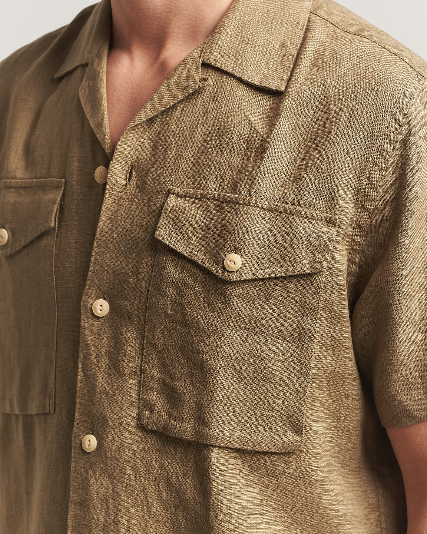 Men | Shirts | Drake's | Military Short Sleeve Camp Collar Shirt Khaki
