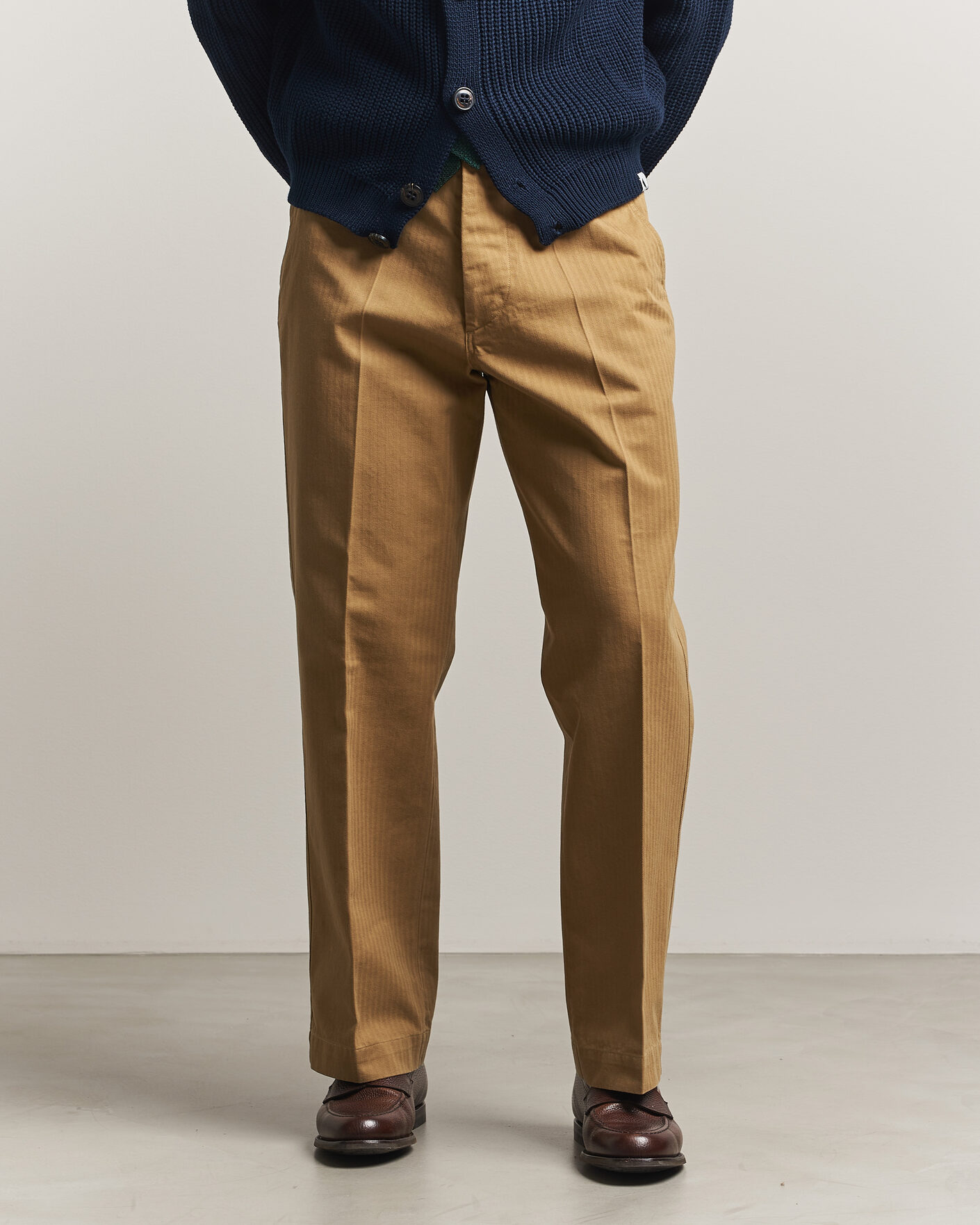 Men | Trousers | Drake's | Herringbone Wide Leg Chino Khaki