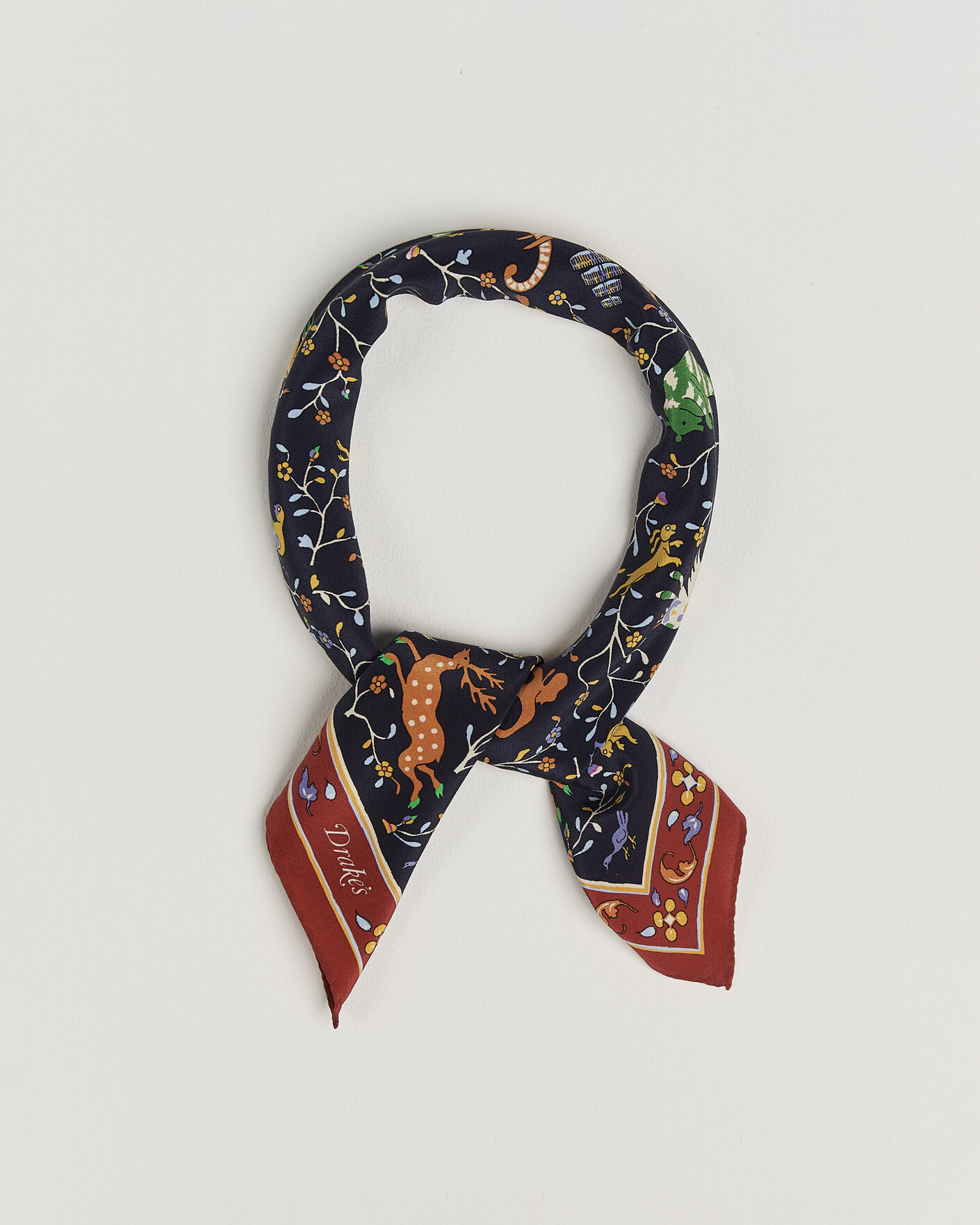 Men | Dress Scarves | Drake's | Animals And Flowers Print Crepe Silk Bandana Blue