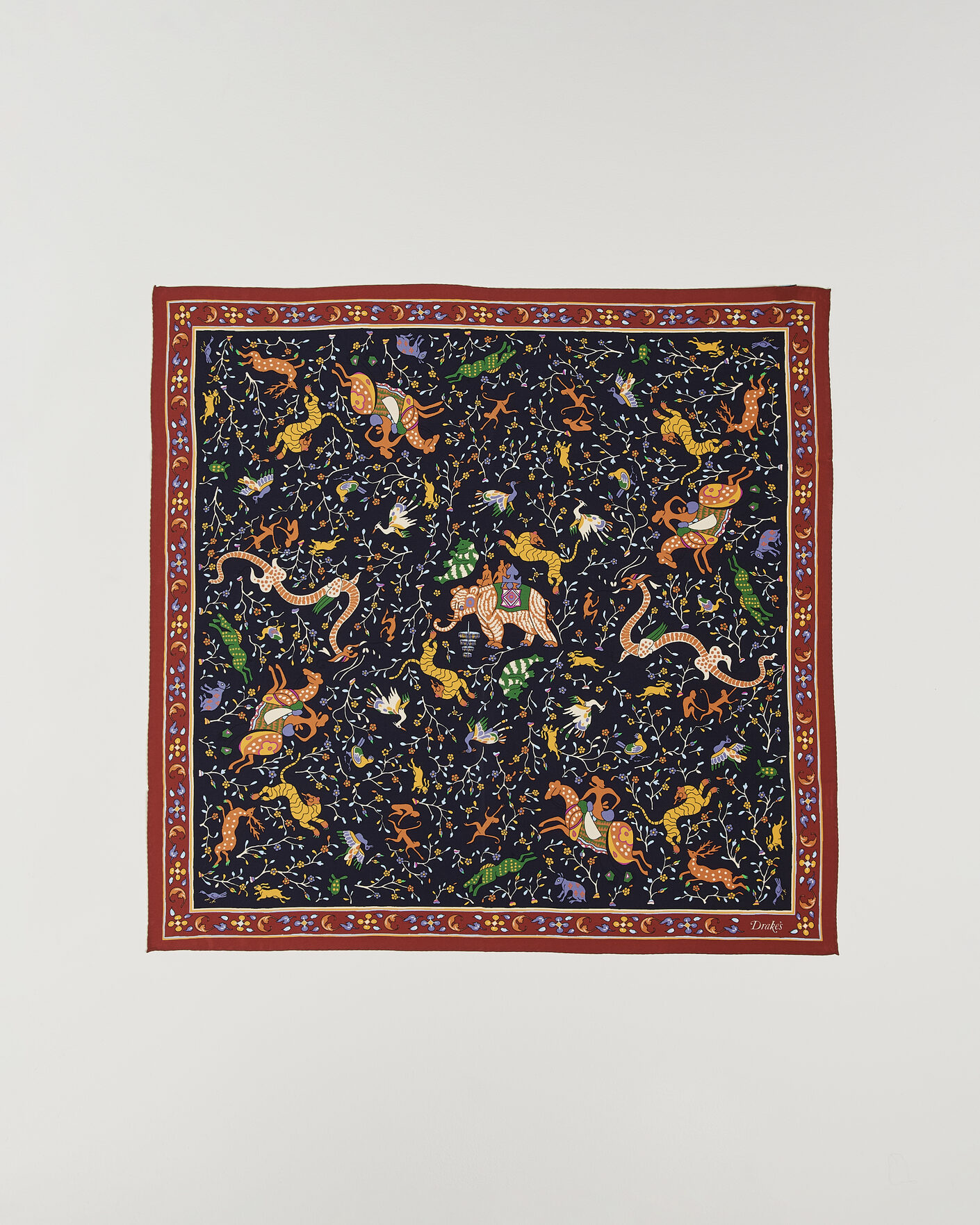 Men | Dress Scarves | Drake's | Animals And Flowers Print Crepe Silk Bandana Blue