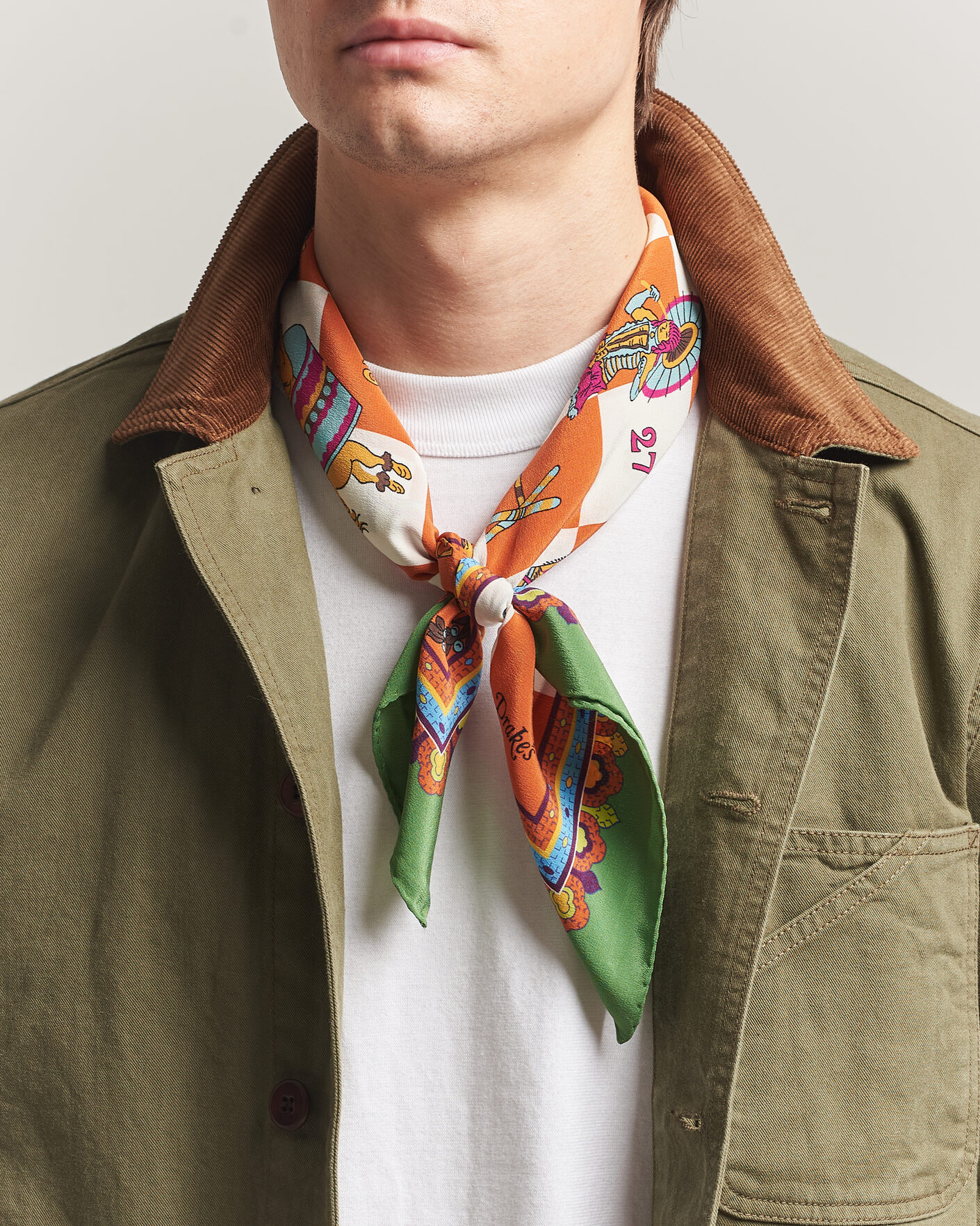 Men | Dress Scarves | Drake's | Snakes & Ladders Print Crepe Silk Bandana Green