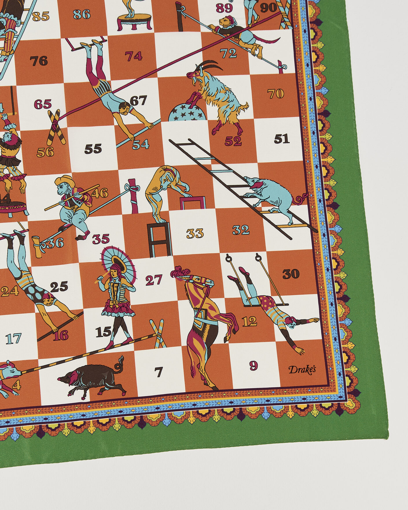 Men | Dress Scarves | Drake's | Snakes & Ladders Print Crepe Silk Bandana Green