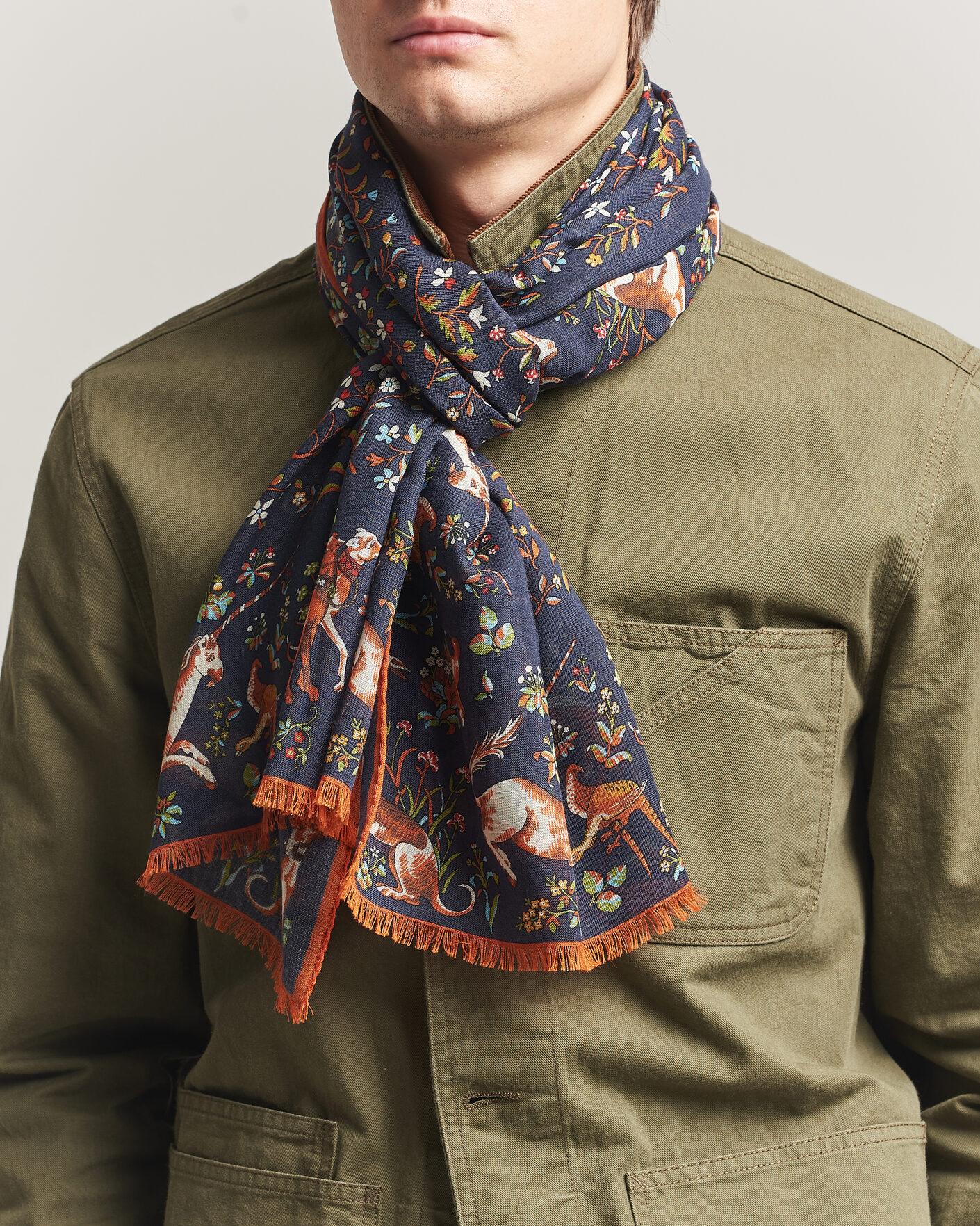 Drake's Unicorn Garden Wool/Silk Print Scarf Navy at CareOfCarl.com