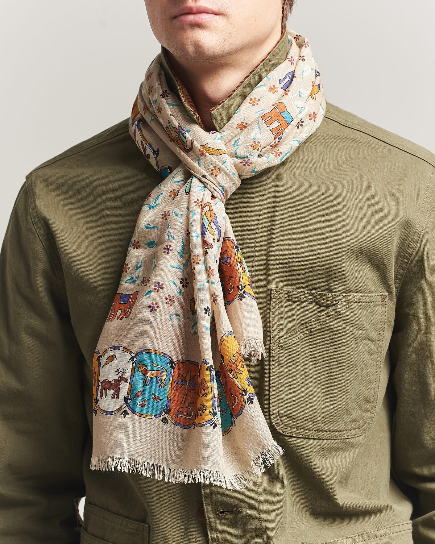 Men | Drake's Loose Animal Wool/Silk Print Scarf Beige | Drake's | Loose Animal Wool/Silk Print Scarf Beige
