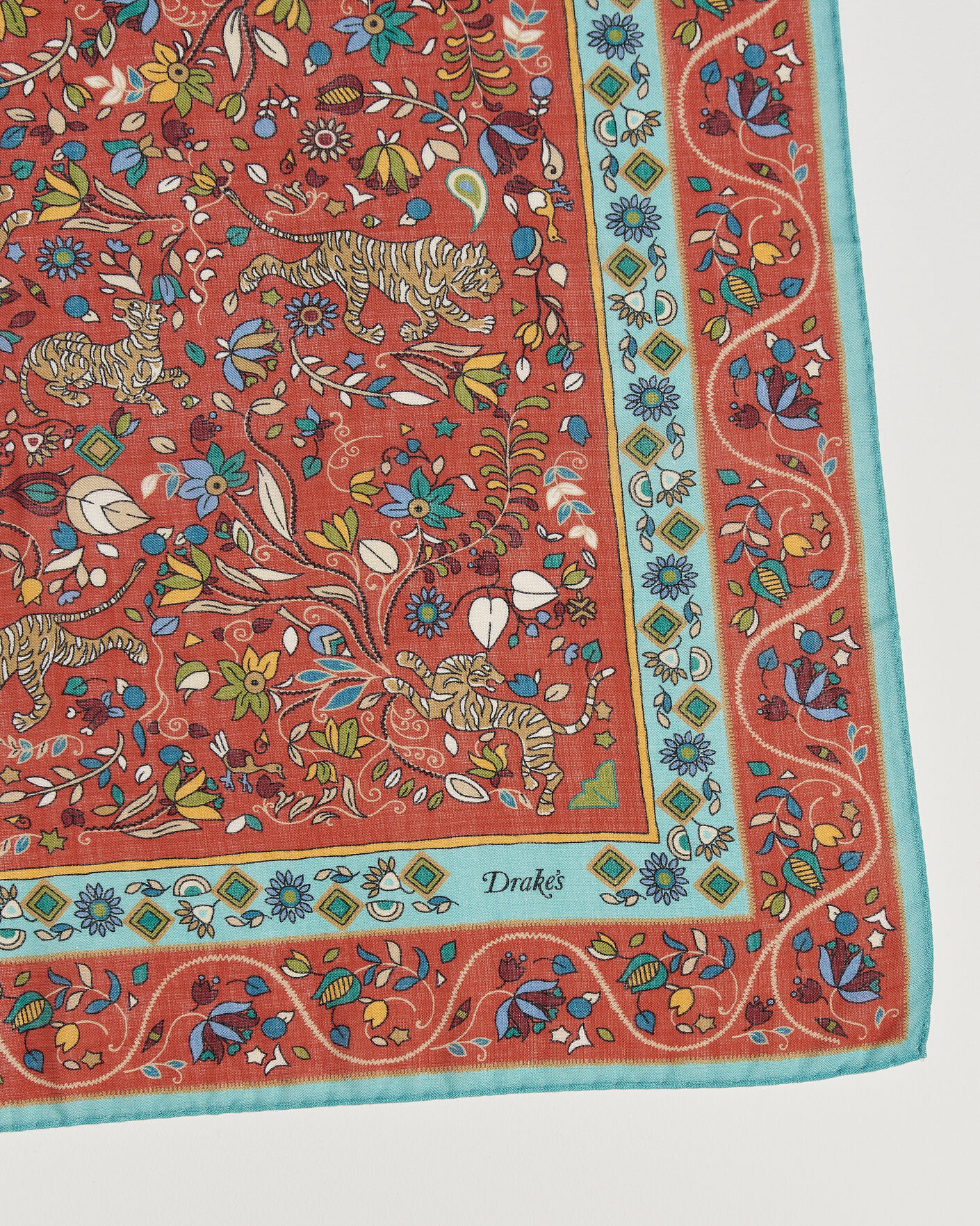 Men | Dress Scarves | Drake's | Tiger Garden Wool/Silk Bandana Red