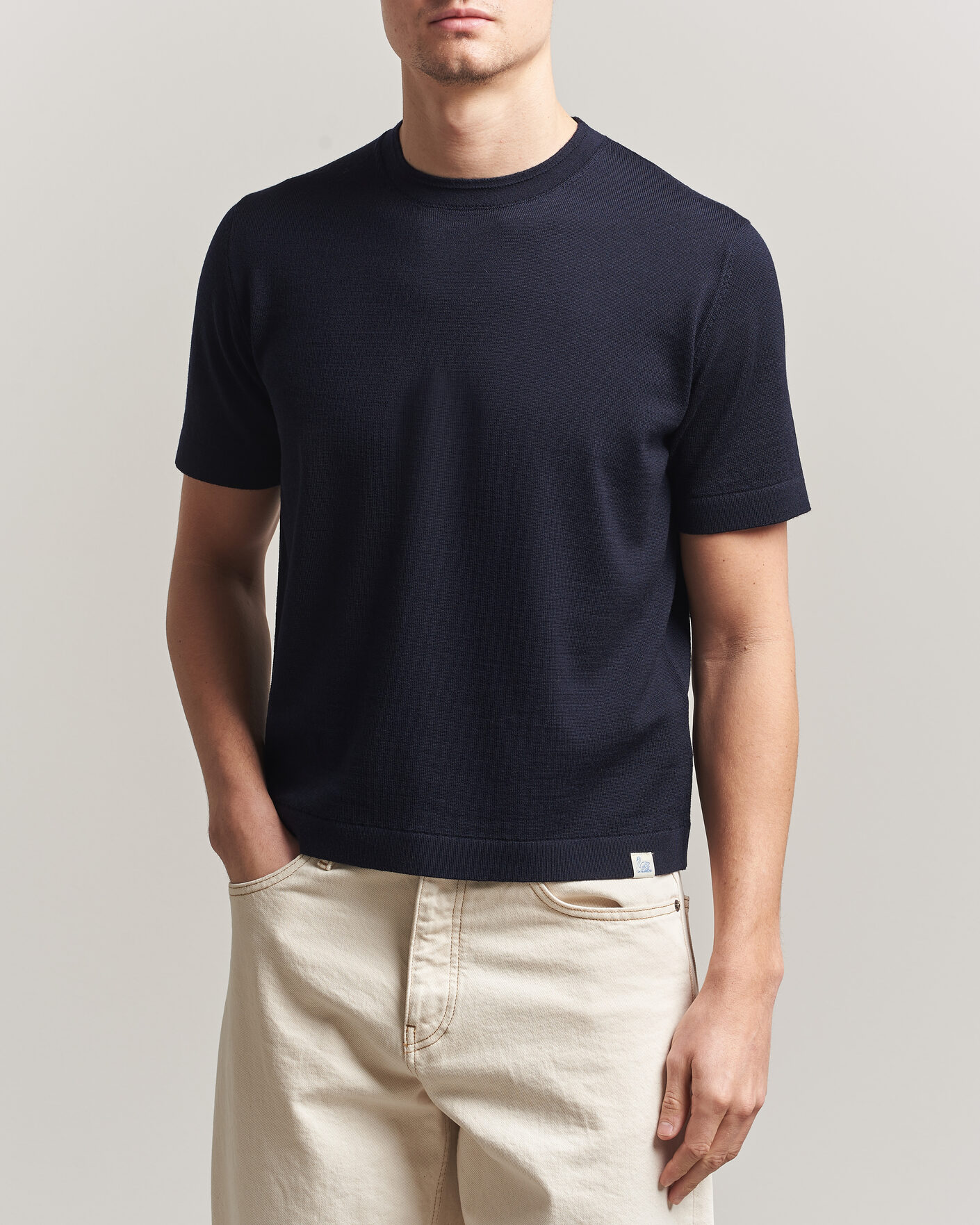 Men | T-Shirts | Merz b. Schwanen | Relaxed Fit Merino Knitted T-Shirt Dark Navy