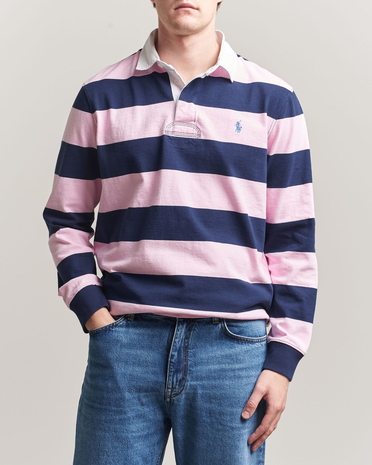 Men | Sweaters & Knitwear | Polo Ralph Lauren | Jersey Striped Rugger Carmel Pink/Newport Navy