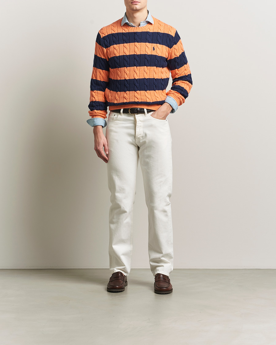 Men | Sweaters & Knitwear | Polo Ralph Lauren | Striped Cotton Cable Sweater Orange Navy Combo
