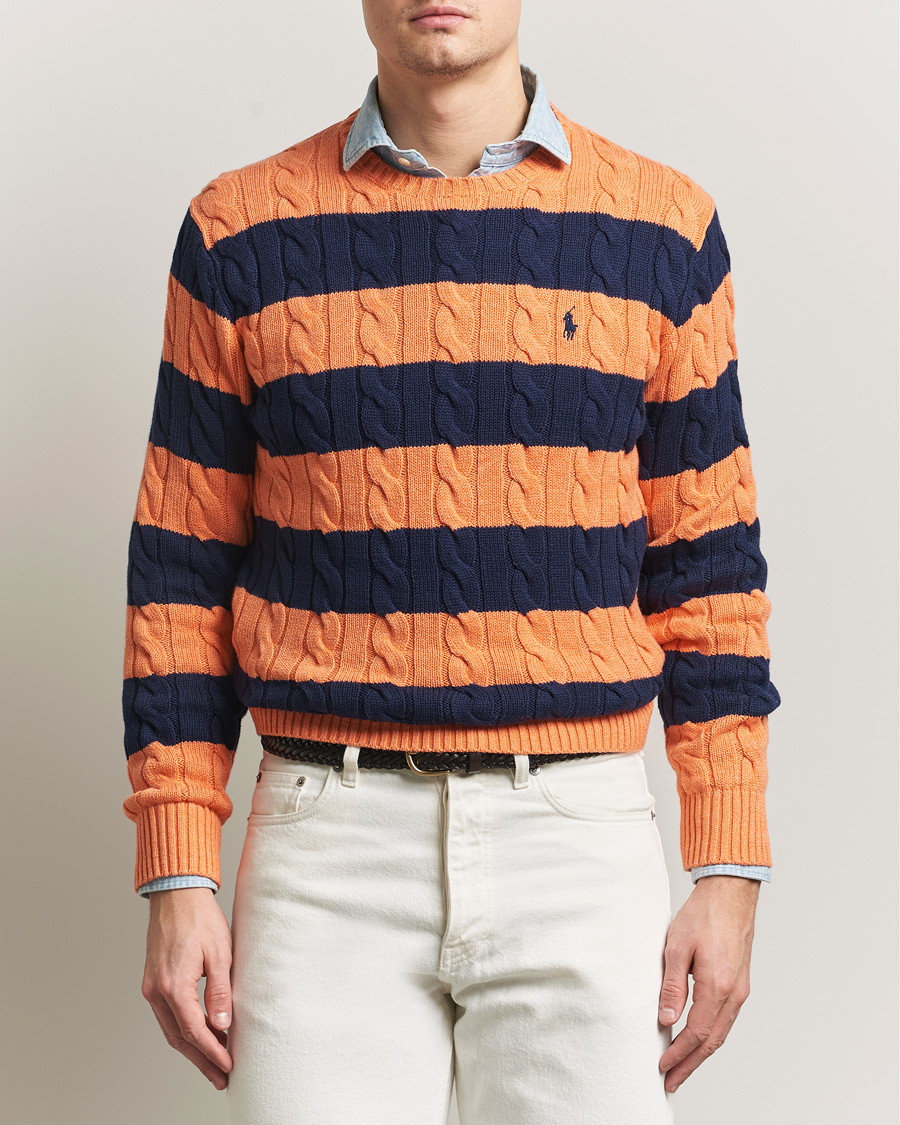 Men | Sweaters & Knitwear | Polo Ralph Lauren | Striped Cotton Cable Sweater Orange Navy Combo