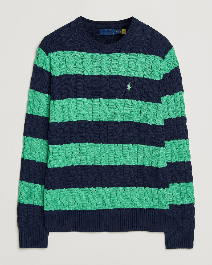 Men | Sweaters & Knitwear | Polo Ralph Lauren | Striped Cotton Cable Sweater Navy Green Combo