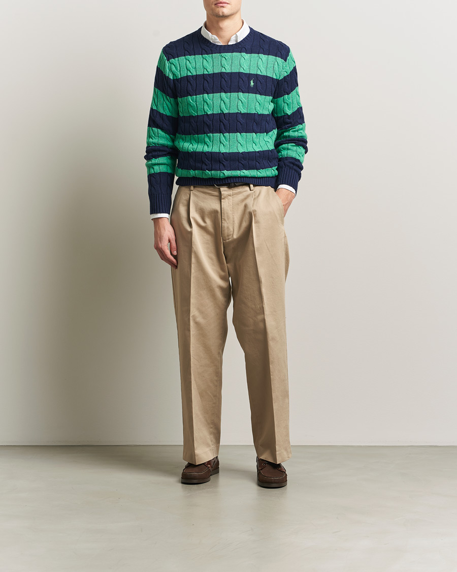 Men | Sweaters & Knitwear | Polo Ralph Lauren | Striped Cotton Cable Sweater Navy Green Combo