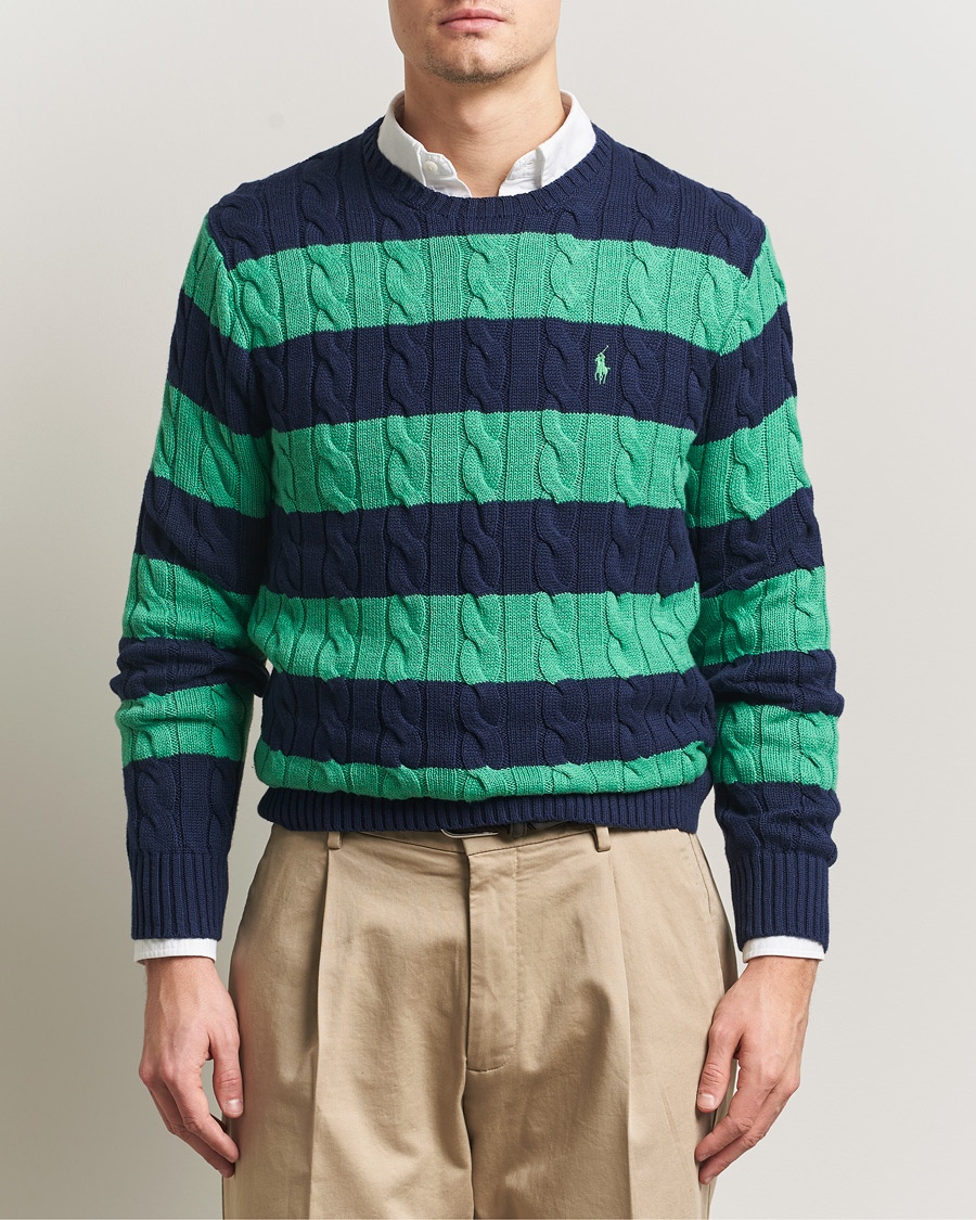 Men | Sweaters & Knitwear | Polo Ralph Lauren | Striped Cotton Cable Sweater Navy Green Combo