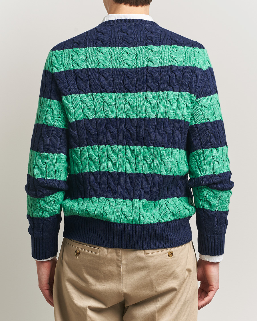 Men | Sweaters & Knitwear | Polo Ralph Lauren | Striped Cotton Cable Sweater Navy Green Combo