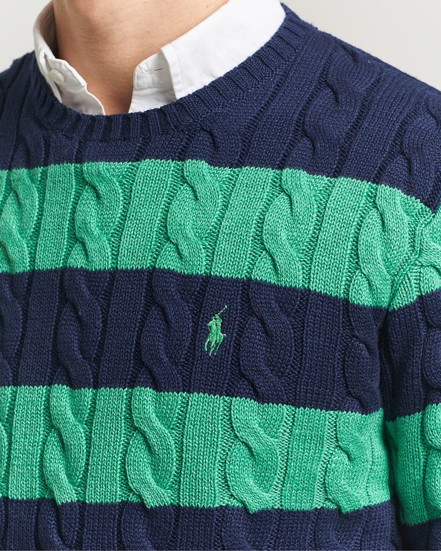 Men | Sweaters & Knitwear | Polo Ralph Lauren | Striped Cotton Cable Sweater Navy Green Combo
