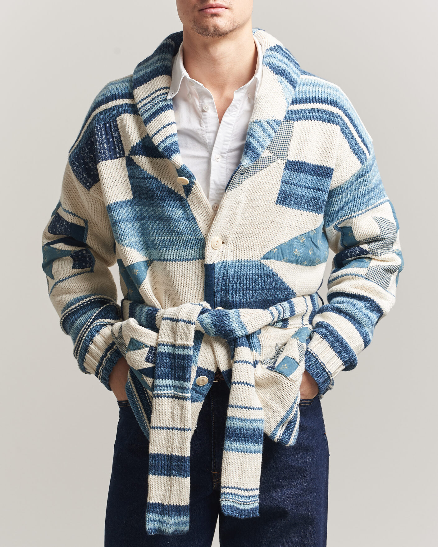Men | Sweaters & Knitwear | Polo Ralph Lauren | Cotton Linen Cardigan Cream Blue Combo