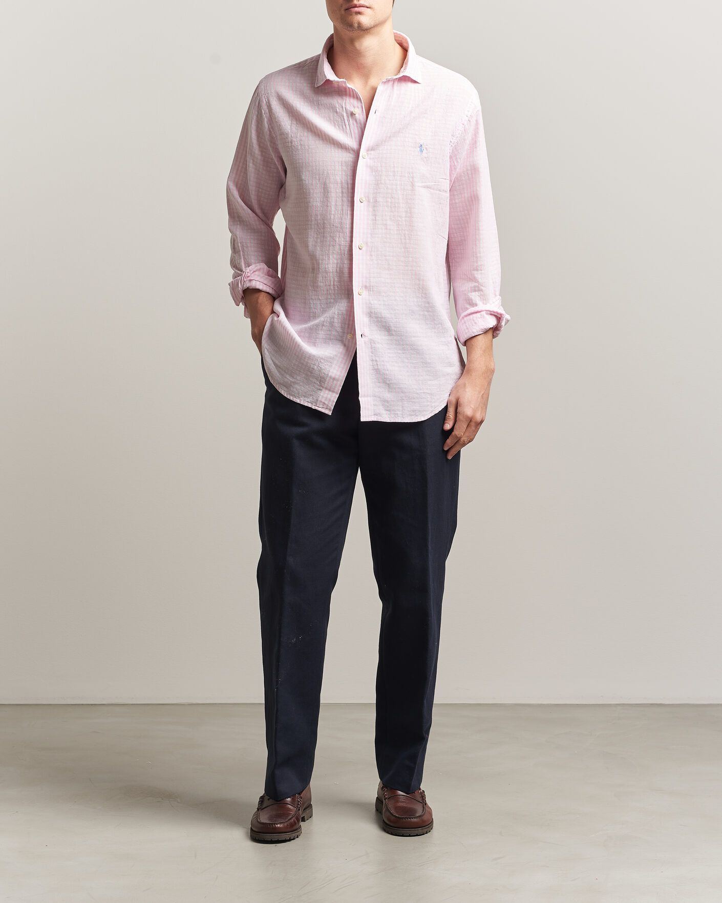 Men | Shirts | Polo Ralph Lauren | Cotton/Linen Seersucker Shirt Pink/White